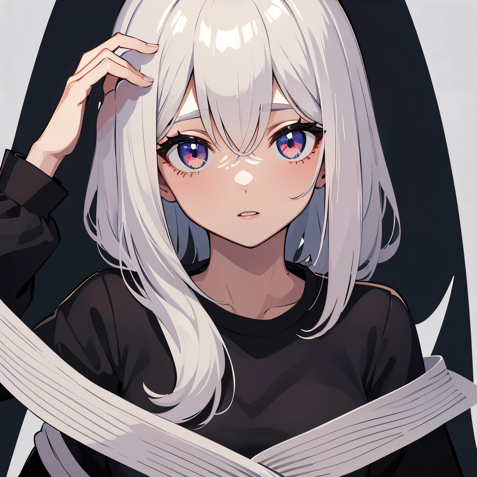 Uma mulher com cabelo preto, uma camisa preta, com uma carta na boca, cabelo curto, Dom Qwek, Cartoon