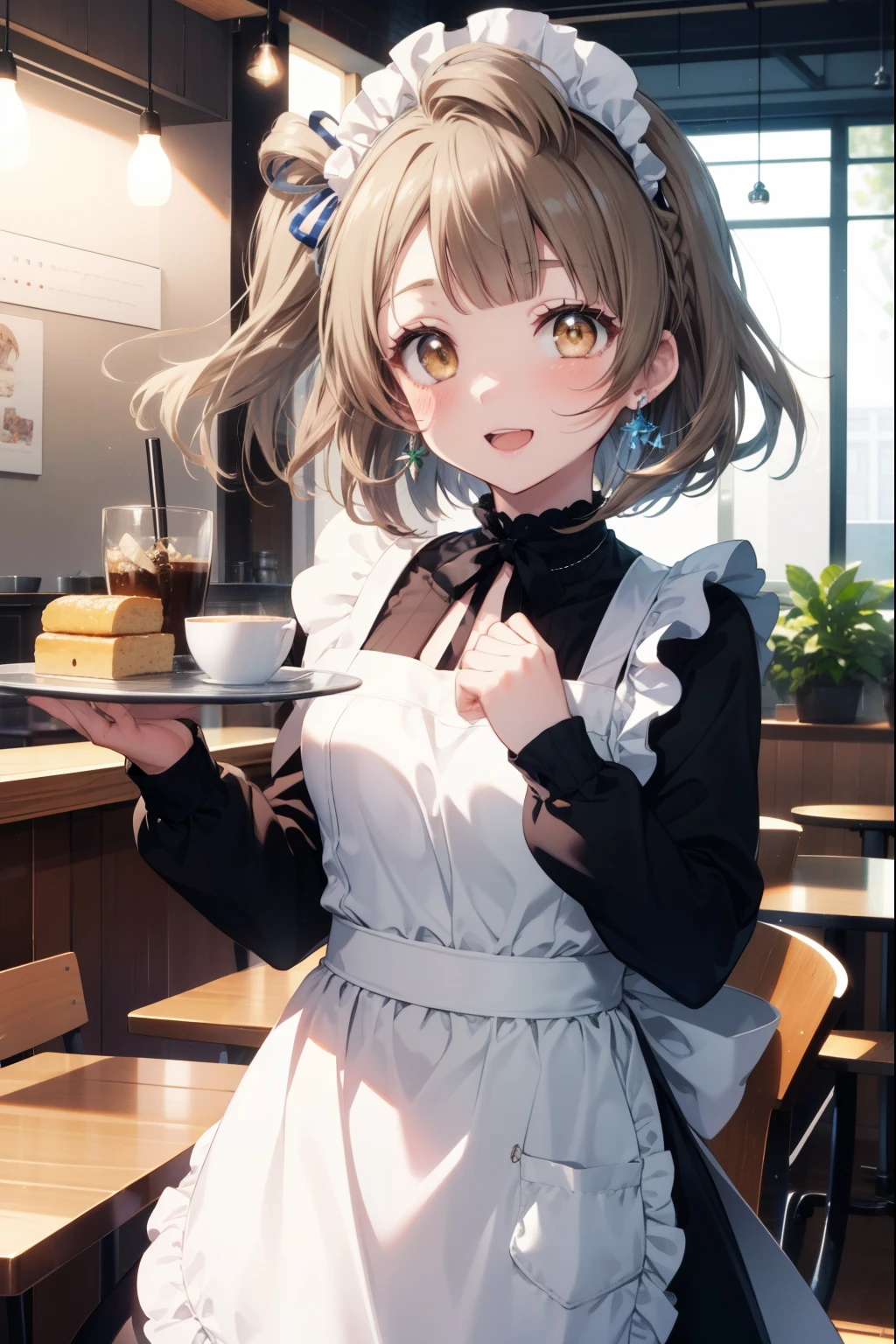 Kotori Minami, kotori minami, brown hair, (brown eyes:1.5), one side up,open your mouth,smile,blush, hair ribbon, ribbon, long hair,
headdress, dress, apron, looking at the viewer, short hair, clavicle, cute, smile, open your mouth, alone, long sleeve, indoor, Cafe, remainder, food, drink, table and chairs, cleaning, tray, tray in one hand
break looking at viewer,
break indoors, coffee shop, 
break (masterpiece:1.2), highest quality, High resolution, unity 8k wallpaper, (figure:0.8), (detailed and beautiful eyes:1.6), highly detailed face, perfect lighting, Very detailed CG, (perfect hands, perfect anatomy),