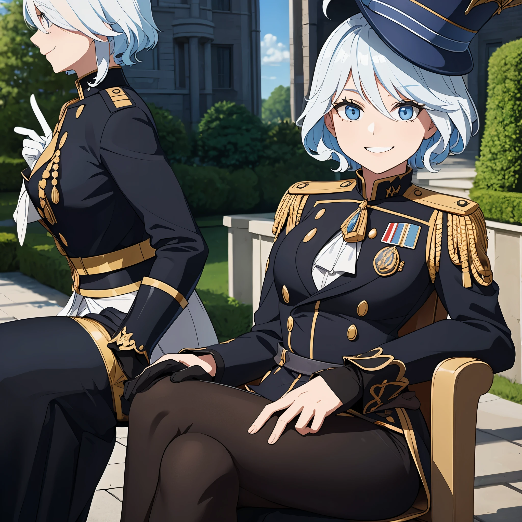 A woman wearing a black Prussian military uniform with gold details, blue eyes, short light blue hair, smiling, black military hat, smiling, outside a mansion with a garden around it.
