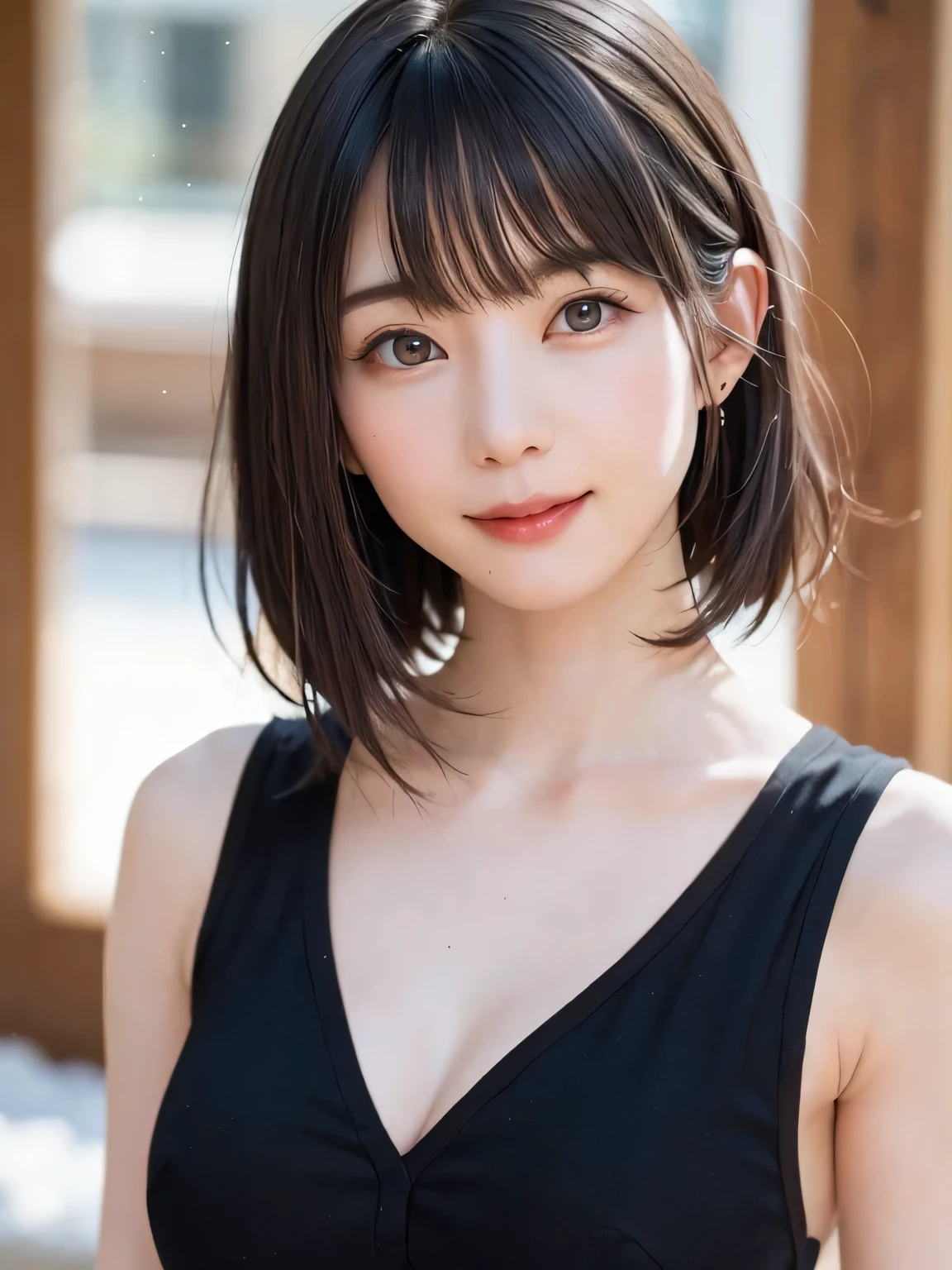 (masterpiece, highest quality),1 girl, solo, hyper realistic, realistic,realistic, looking at the viewer, light brown eyes:1.4,Brunette short bob hair with highly detailed shiny hair, bright colored winter clothes, lepangas:1.4), outdoor, closed mouth, Upper body、Big eyes、eyelash、{huge|big|Huge|mega} chest:1.4, cleavage:1.4、(((Big eyes、short bob hair、Highlights from students、look at the viewer、She is very beautiful and cute、Please show your ears、long neck、smile、Close your mouth and smile、bangs beautiful teeth)))、ideal body proportions、(Snow-covered tree-lined street in Norway in winter)、beautiful long neck:1.4%