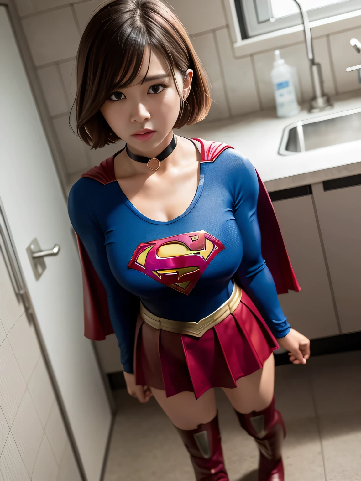 masterpiece、supergirl costume、short hair、big and full breasts、test subject、Crisis situation、Abandoned laboratories、Laboratory Equipment、choker、long sleeve、red mini skirt、looking at camera、Weekly magazine cover、enamel boots