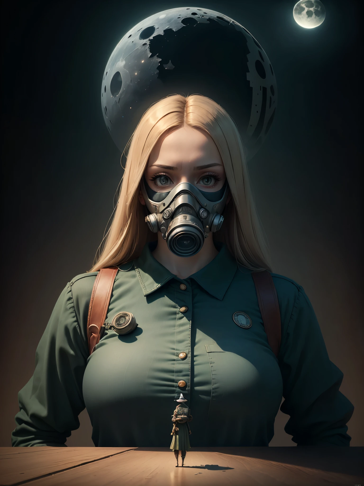 general shot:1.4, (ultra detailed eyes), (((textile shading))), (((Best quality))), (((table))), (((ultra detailed CG))), (surrealism, beautiful woman in full shot gas mask in hand, bioluminescent nocturnal animals: 1.5 strange and beautiful), at night, moonlight bioluminescent lighting, Ultra High Definition, 8K, Unreal Engine 5, ultra sharp focus, masterpiece of art intricate, ominous, golden ratio, highly detailed, vibrant, night with a huge moon, production film character rendering, ultra high quality model, 32k