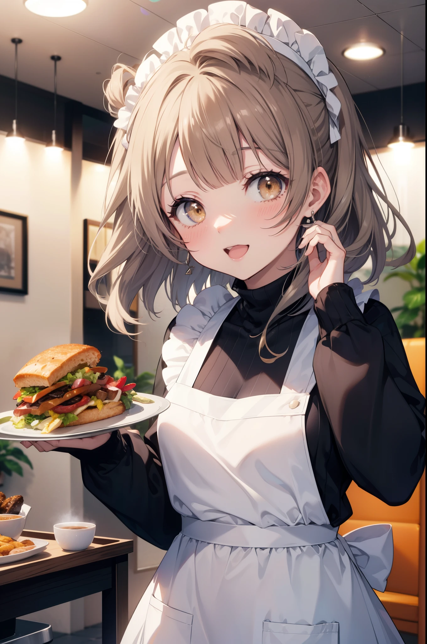 Kotori Minami, kotori minami, brown hair, (brown eyes:1.5), long hair,one side up,open your mouth,smile,blush, hair ribbon, ribbon, long hair,
headdress, dress, apron, looking at the viewer, short hair, clavicle, cute, smile, open your mouth, alone, long sleeve, indoor, Cafe, remainder, food, drink, table and chairs, cleaning, tray, tray in one hand
break looking at viewer,
break indoors, coffee shop,
break (masterpiece:1.2), highest quality, High resolution, unity 8k wallpaper, (figure:0.8), (detailed and beautiful eyes:1.6), highly detailed face, perfect lighting, Very detailed CG, (perfect hands, perfect anatomy),