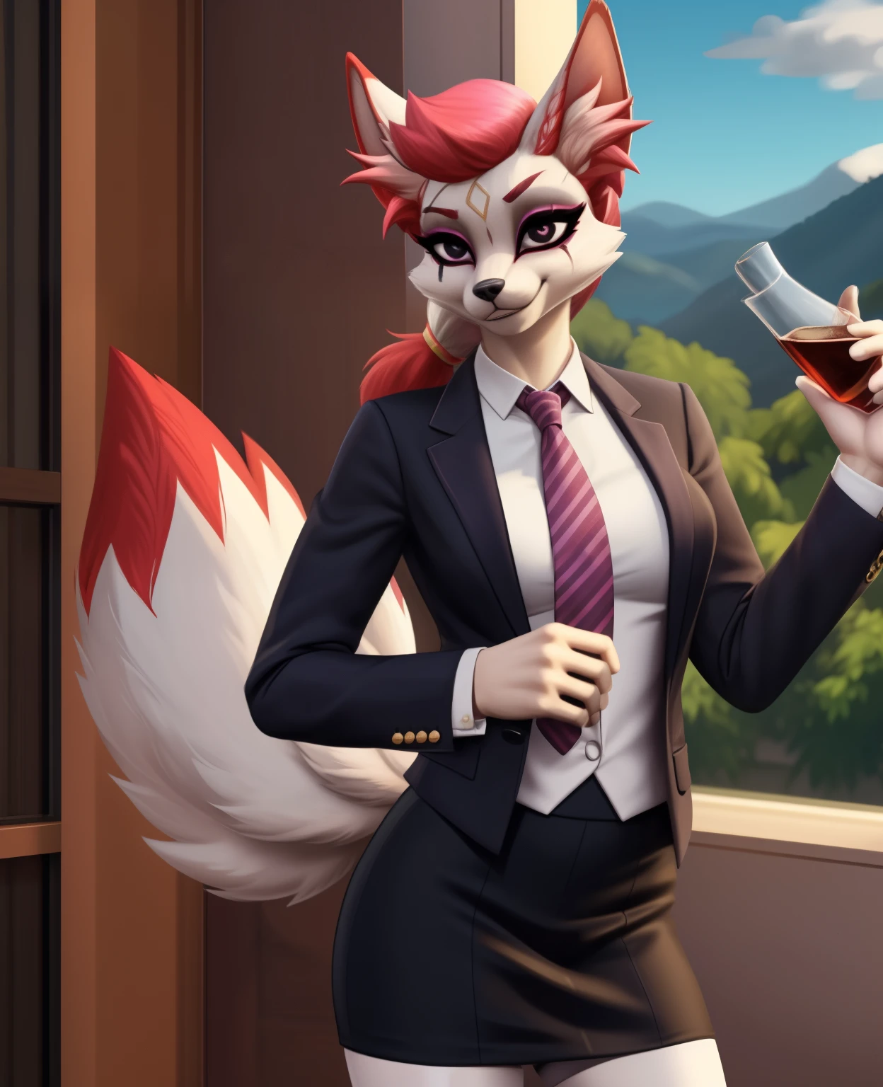 female, (Detailed face), (solo:1.1), kimiko, furry female anthro, fox girl, white body fur, Pink hair,multiple tails, multi tail ponytail, scar on the eye, furry female anthro, calico cat, solo, (body fur:1.2), (Detailed face), (more details, detailed background:1.1), (tail:1.1), smile, holding a glass in hand, satin skirt suit, pinstripe suit and tie, (((three-piece suit))), ((suit jacket with waistcoat)), silk dress shirt, shirt and tie, striped yellow necktie, (((blazer))), (((suit jacket))), (((open jacket))), ((waistcoat)), (((bodycon miniskirt))), tights, (((pocket square))), (((tie clip))), (((cufflinks))), (((tail))), makeup, eyeshadow, shiny eyeshadow, bedroom eyes, yellow nails, 5 tails