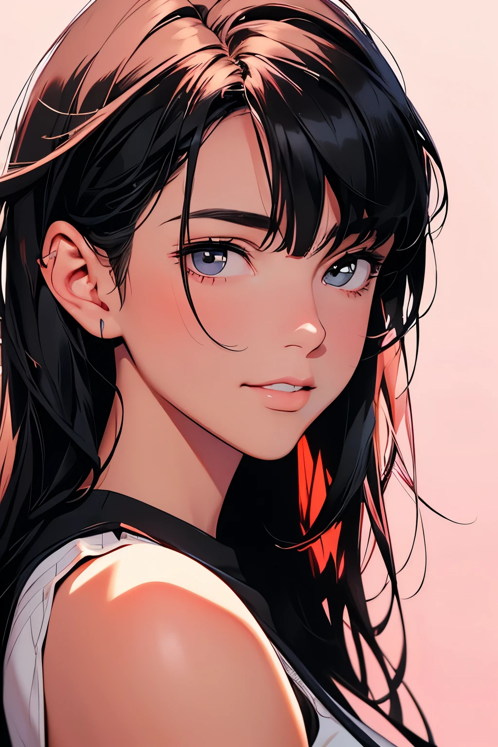 highres,ultra-detailed,realistic,portrait,caucasian female,18 year old,black hair, bangs,hazel irises,toned,slender physique,realistic proportions,anatomically accurate,college student,subtle smile, pink cheeks; intimate distance,dark soft lighting