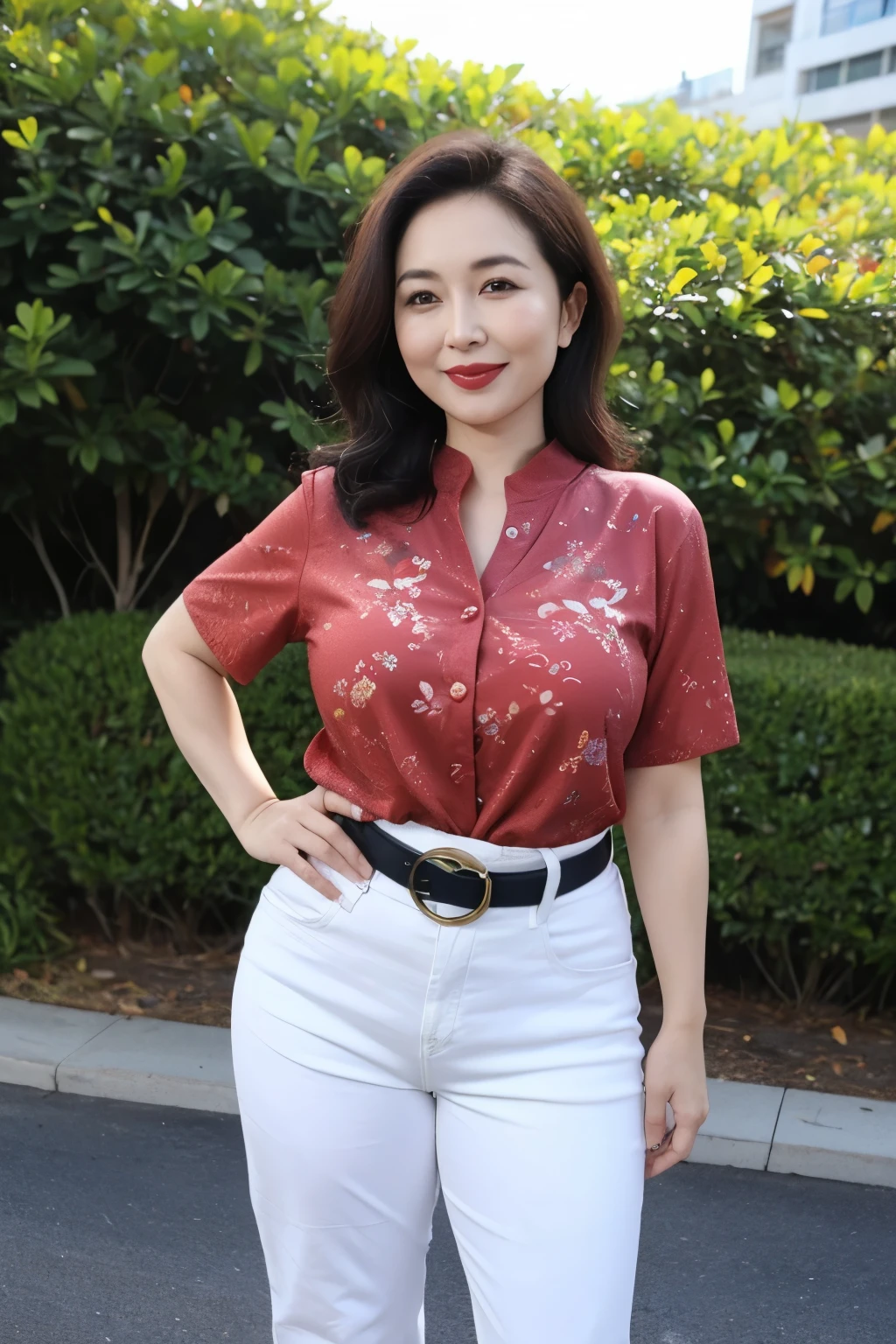 Gray background、(Blue Eye Shadow)、Red lipstick、(Sexy look)、Thighs、Pointy nipples、The wind is messing up my hair、pubic hair、濃いpubic hair、Large Breasts、Red Earrings、smile、White floral dresini skirt、Looking from below