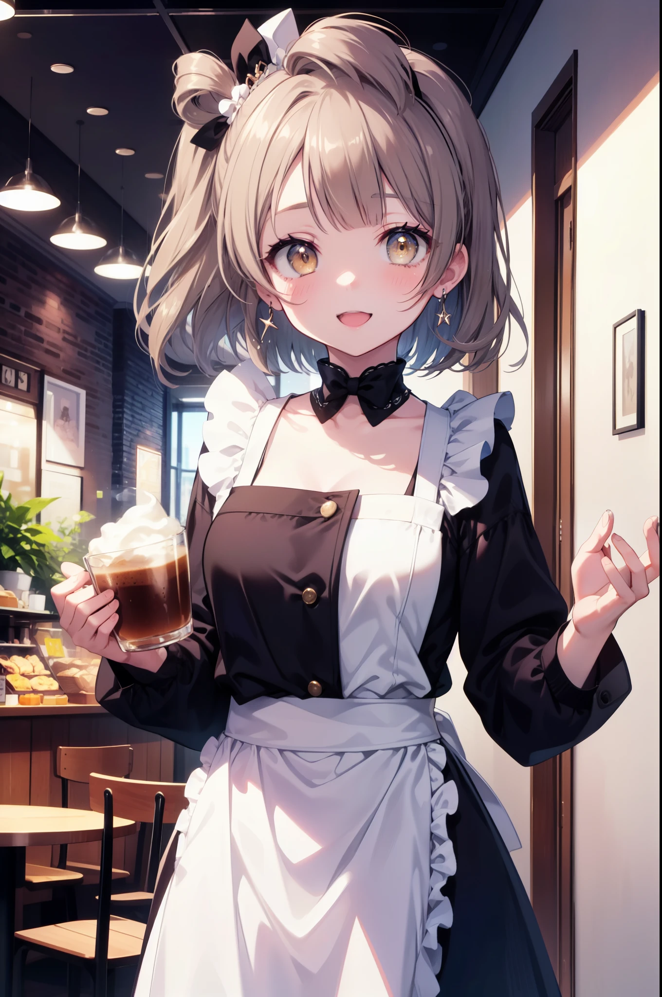 Kotori Minami, kotori minami, brown hair, (brown eyes:1.5), long hair,one side up,open your mouth,smile,blush, hair ribbon, ribbon, long hair,
headdress, dress, apron, looking at the viewer, short hair, clavicle, cute, smile, open your mouth, alone, long sleeve, indoor, Cafe, remainder, food, drink, table and chairs, cleaning, tray, tray in one hand
break looking at viewer,
break indoors, coffee shop,
break (masterpiece:1.2), highest quality, High resolution, unity 8k wallpaper, (figure:0.8), (detailed and beautiful eyes:1.6), highly detailed face, perfect lighting, Very detailed CG, (perfect hands, perfect anatomy),