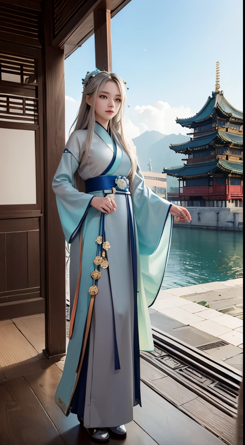 masterpiece, highest quality, official art, 8k wallpaper, very detailed, figure, ((1 person)), fine eyes, blue eyes, green gradient hanfu, Complex filigree, dynamic pose, (rainbow long hair:1.1), (gray hair:1.2), floating hair, east asian architecture, Chinatown, scenery, morning,