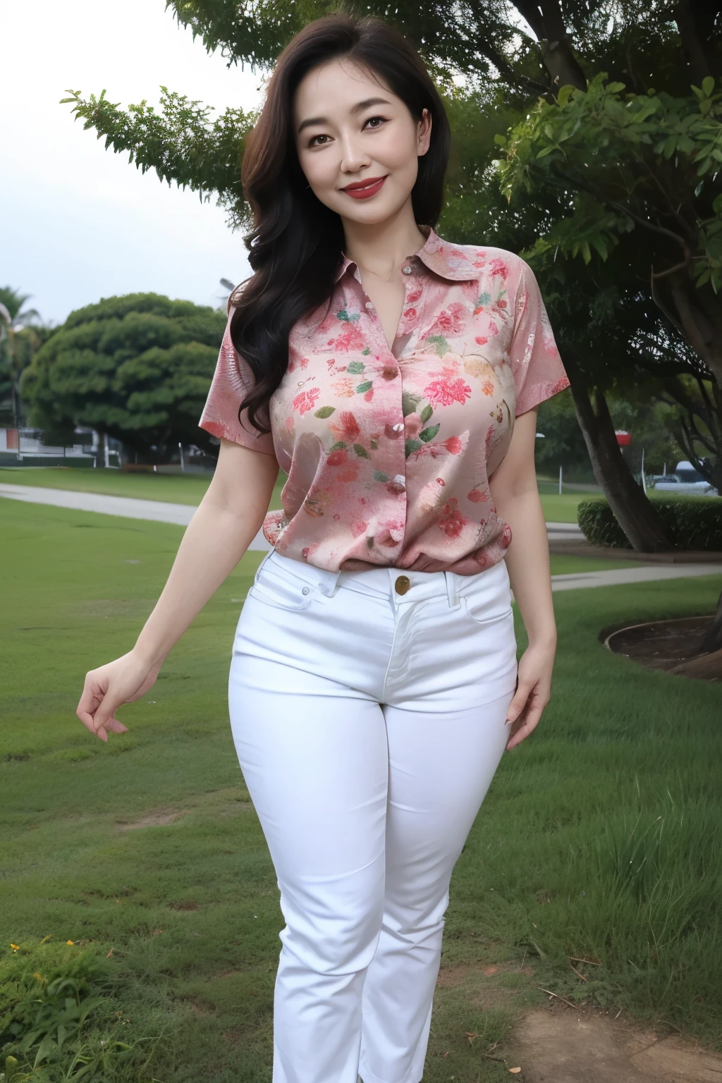 ((top quality、8k、masterpiece:1.3))、sharp focus, High level of image quality, high resolution,,green shirt,red bow tie,white jeans,wavy long hair,garden background,37-year-old female,Mature,charming smile,Draw lips correctly, red lipstick,stand,Slightly fat,medium chest,full-body shot