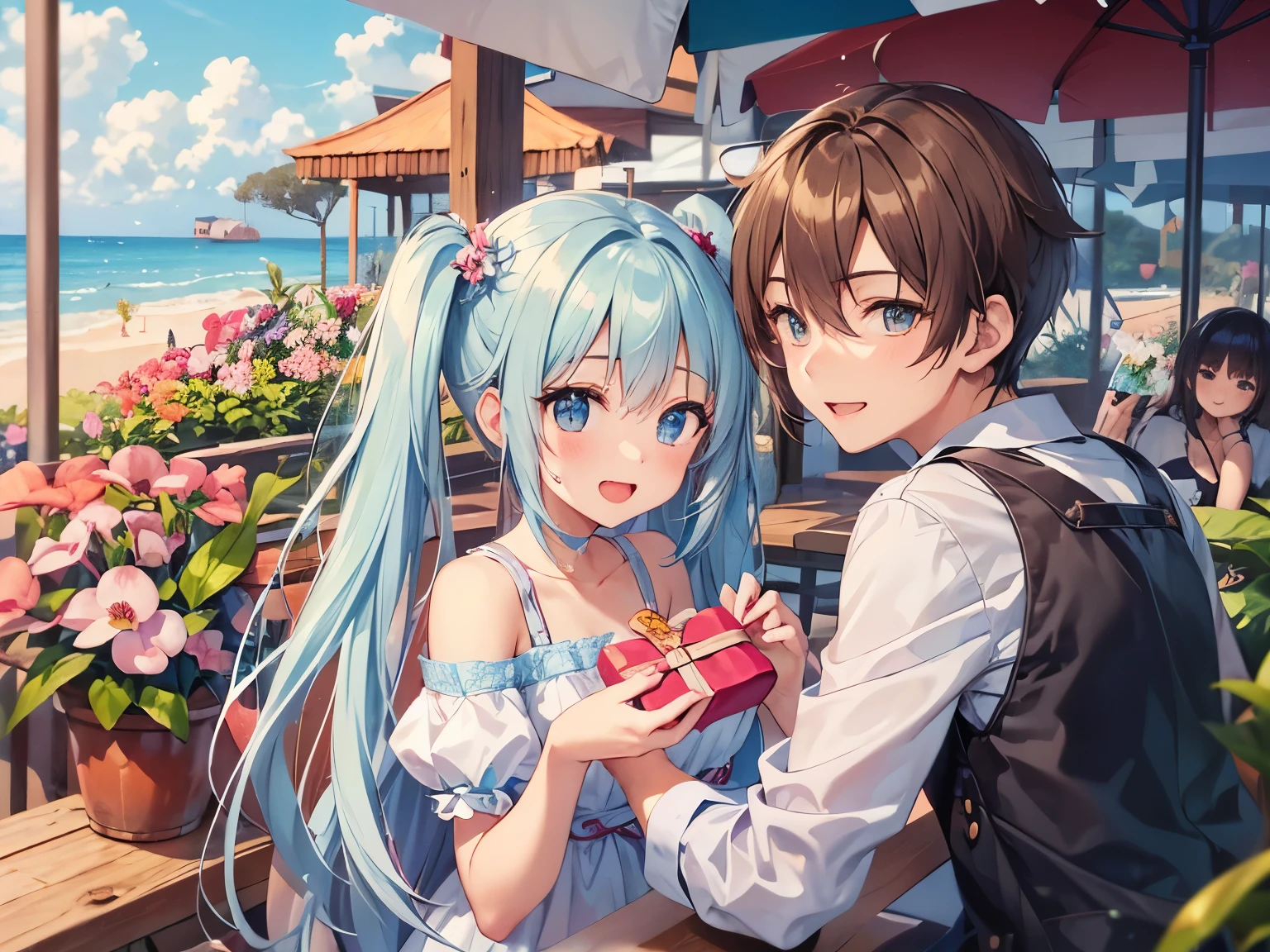 light blue long hair、Beautiful girl with twin tails、With a boy、The girl's wonderful boyfriend is also with her.、happy smile、Lots of beautiful orchid、Celebrating my boyfriend's birthday at a seaside cafe decorated with lots of orchid flowers、giving him a present、