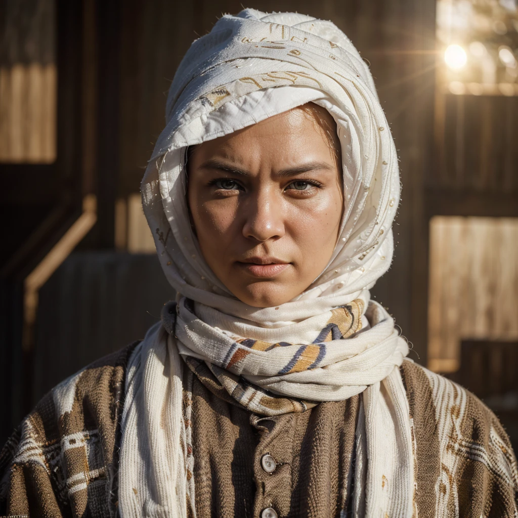 A (rugged man resembling Clint Eastwood, wild west gunslinger dressed in white), (busty malaysian gunslinger, age 20 immensely busty, hijab no hair showing), old west town sunset, (best quality,4k,8k,highres,masterpiece:1.2), ultra-detailed, (realistic,photorealistic,photo-realistic:1.37), HDR, UHD, studio lighting, ultra-fine painting, sharp focus, physically-based rendering, extreme detail description, professional, vivid colors, bokeh, portraits, landscape, horror, anime, sci-fi, photography, concept artists, warm color palette, golden-hour lighting