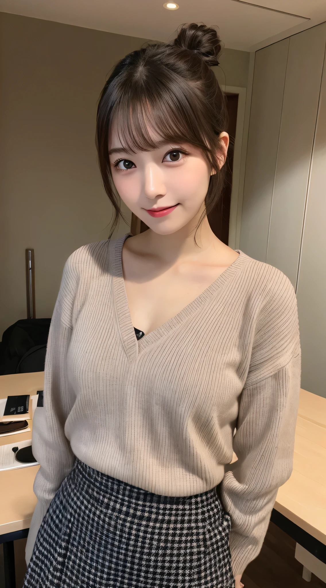 (masterpiece, best quality:1.2, perfect hands, parfect fingers, parfect face, high resolution, high detail, 16k), 1 girl, solo, cute, (((junior, teen, childish, 13 years old, baby face, middle school student, jc))), japanese girl, smile, cowboy shot, hotelroom, gigantic breast, drool breast, tanned skin, shiny skin, sweater,
