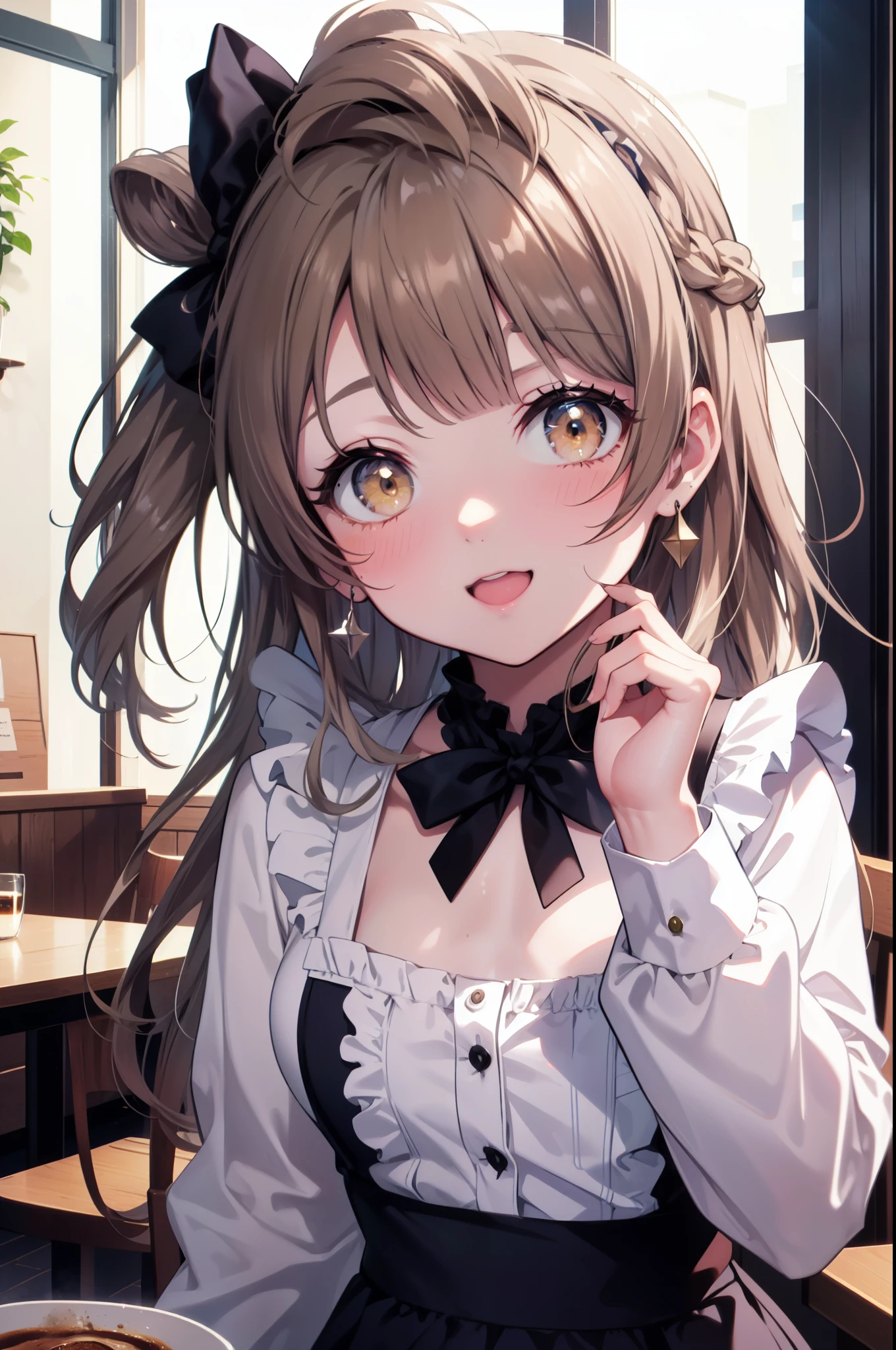 Kotori Minami, kotori minami, brown hair, (brown eyes:1.5),,one side up,open your mouth,smile,blush, hair ribbon, ribbon, long hair,headdress, dress, apron, looking at the viewer, clavicle, cute, smile, open your mouth, alone, long sleeve, indoor, Cafe, remainder, food, drink, table and chairs, cleaning, tray, tray in one hand
break looking at viewer,
break indoors, coffee shop, 
break (masterpiece:1.2), highest quality, High resolution, unity 8k wallpaper, (figure:0.8), (detailed and beautiful eyes:1.6), highly detailed face, perfect lighting, Very detailed CG, (perfect hands, perfect anatomy),