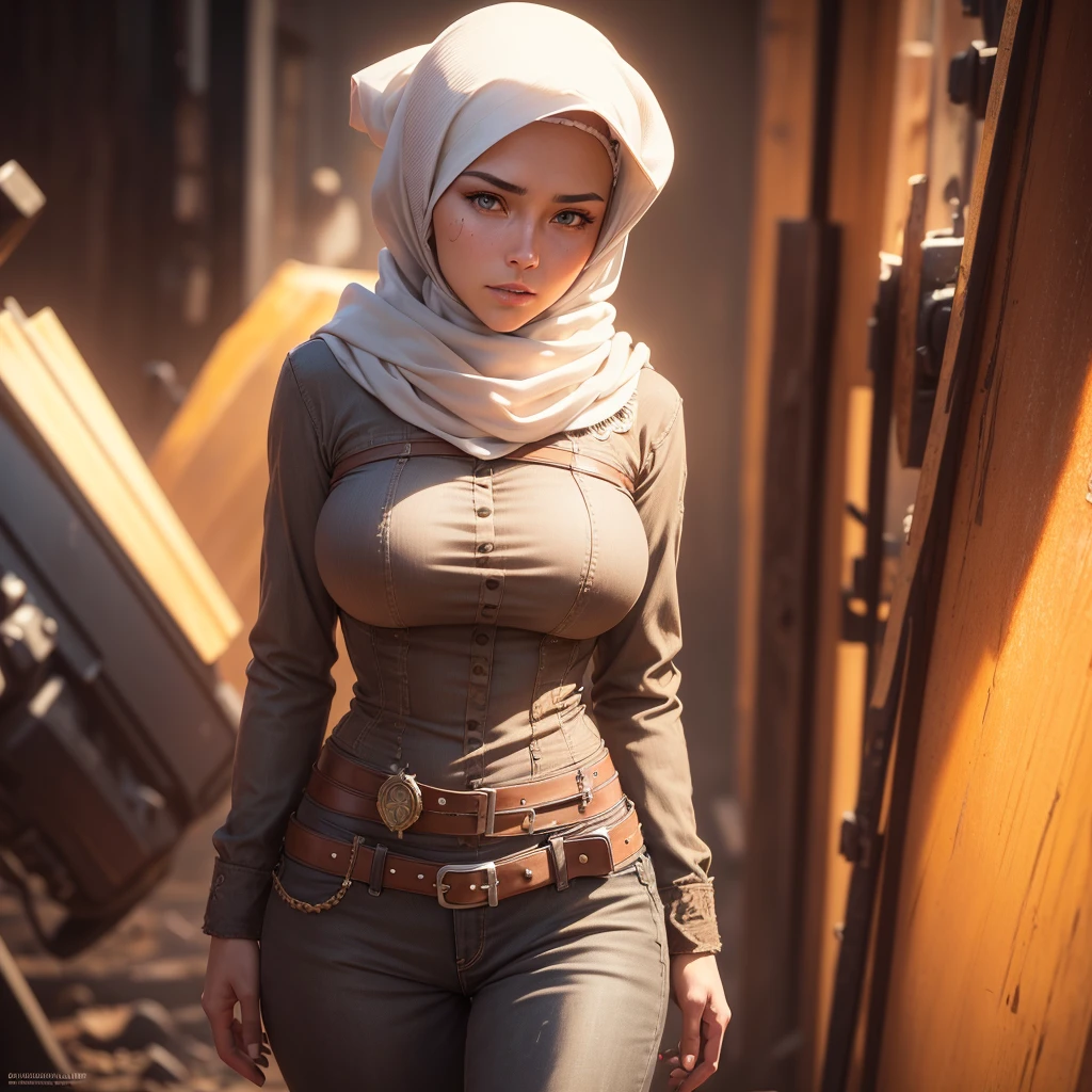 A (rugged man resembling Clint Eastwood, wild west gunslinger dressed in white), (busty malaysian gunslinger, age 20 immensely busty, hijab no hair showing), old west town sunset, (best quality,4k,8k,highres,masterpiece:1.2), ultra-detailed, (realistic,photorealistic,photo-realistic:1.37), HDR, UHD, studio lighting, ultra-fine painting, sharp focus, physically-based rendering, extreme detail description, professional, vivid colors, bokeh, portraits, landscape, horror, anime, sci-fi, photography, concept artists, warm color palette, golden-hour lighting