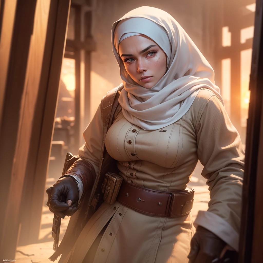(extreme complexity)(two subjects) (Western gunfighter showdown), A (rugged man resembling Clint Eastwood, wild west gunslinger dressed in white), (busty malaysian gunslinger, age 20 immensely busty, hijab no hair showing), old west town sunset, (best quality,4k,8k,highres,masterpiece:1.2), ultra-detailed, (realistic,photorealistic,photo-realistic:1.37), HDR, UHD, studio lighting, ultra-fine painting, sharp focus, physically-based rendering, extreme detail description, professional, vivid colors, bokeh, portraits, landscape, horror, anime, sci-fi, photography, concept artists, warm color palette, golden-hour lighting, (show both gunslingers, extreme tension)