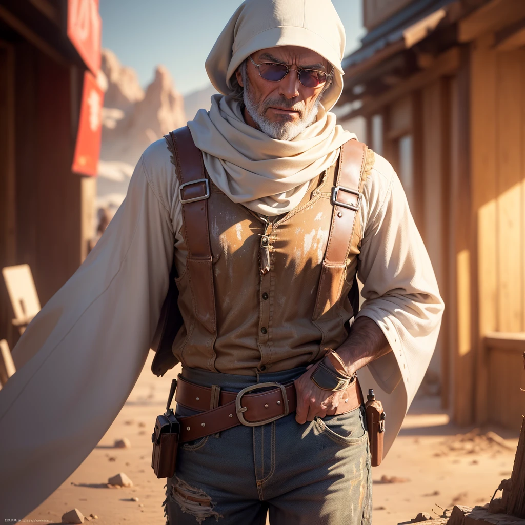 A (rugged man resembling Clint Eastwood, wild west gunslinger dressed in white), (busty malaysian gunslinger, age 20 immensely busty, hijab no hair showing), old west town sunset, (best quality,4k,8k,highres,masterpiece:1.2), ultra-detailed, (realistic,photorealistic,photo-realistic:1.37), HDR, UHD, studio lighting, ultra-fine painting, sharp focus, physically-based rendering, extreme detail description, professional, vivid colors, bokeh, portraits, landscape, horror, anime, sci-fi, photography, concept artists, warm color palette, golden-hour lighting