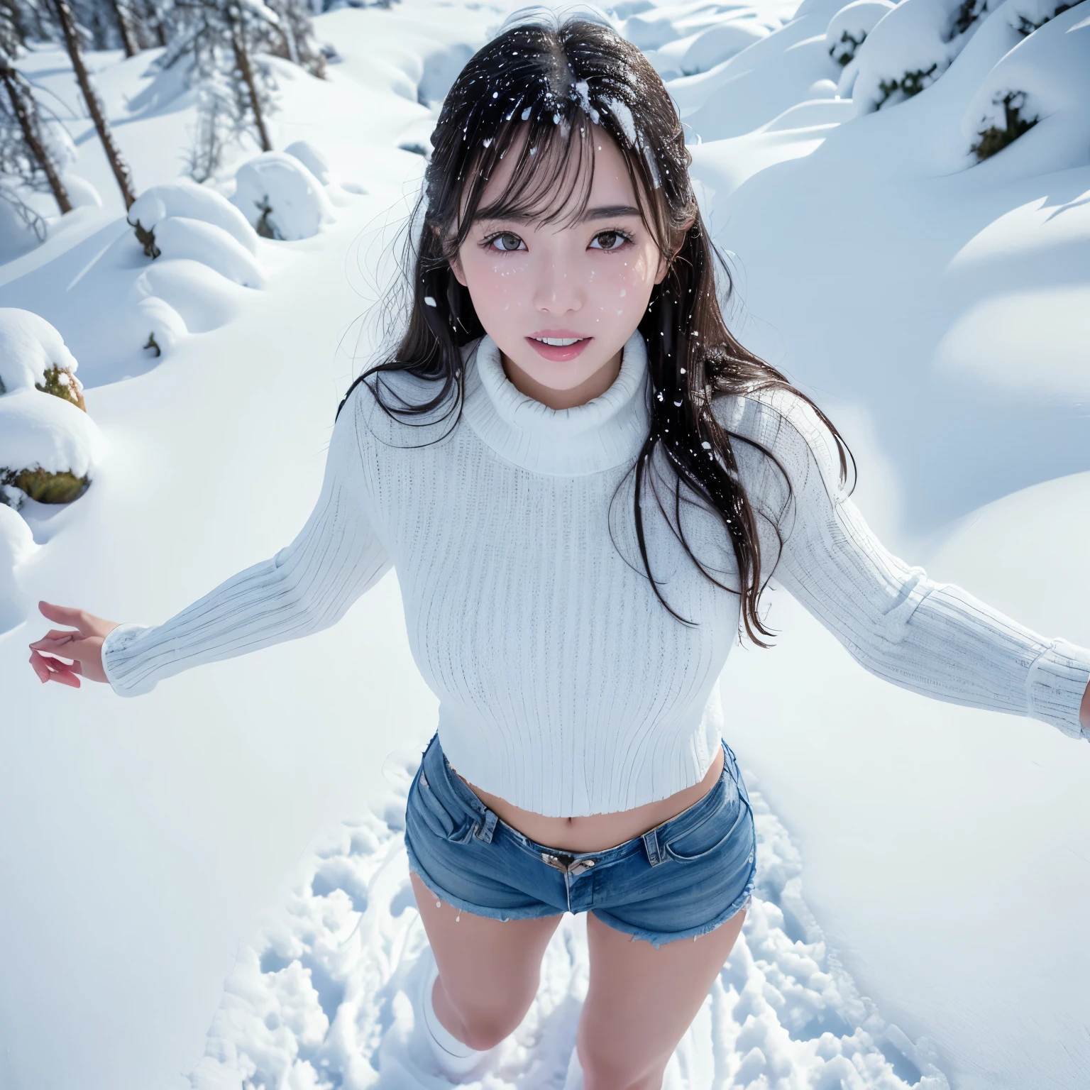 () ,girl、(Bunny ears headband)。(Random Nudes)，Exhibitionism，((Random exposure of genitals))。　Beautiful areola。Small breasts. Thin Hair。(On top of a snowy mountain). Detailed and complex background。((Light Brown Hair))。(Round face). ((Straight Hair)). Cute smile. Idol&#39;s face. Smooth Hair. Thin Hair. White skin. Cute pose with legs apart. 