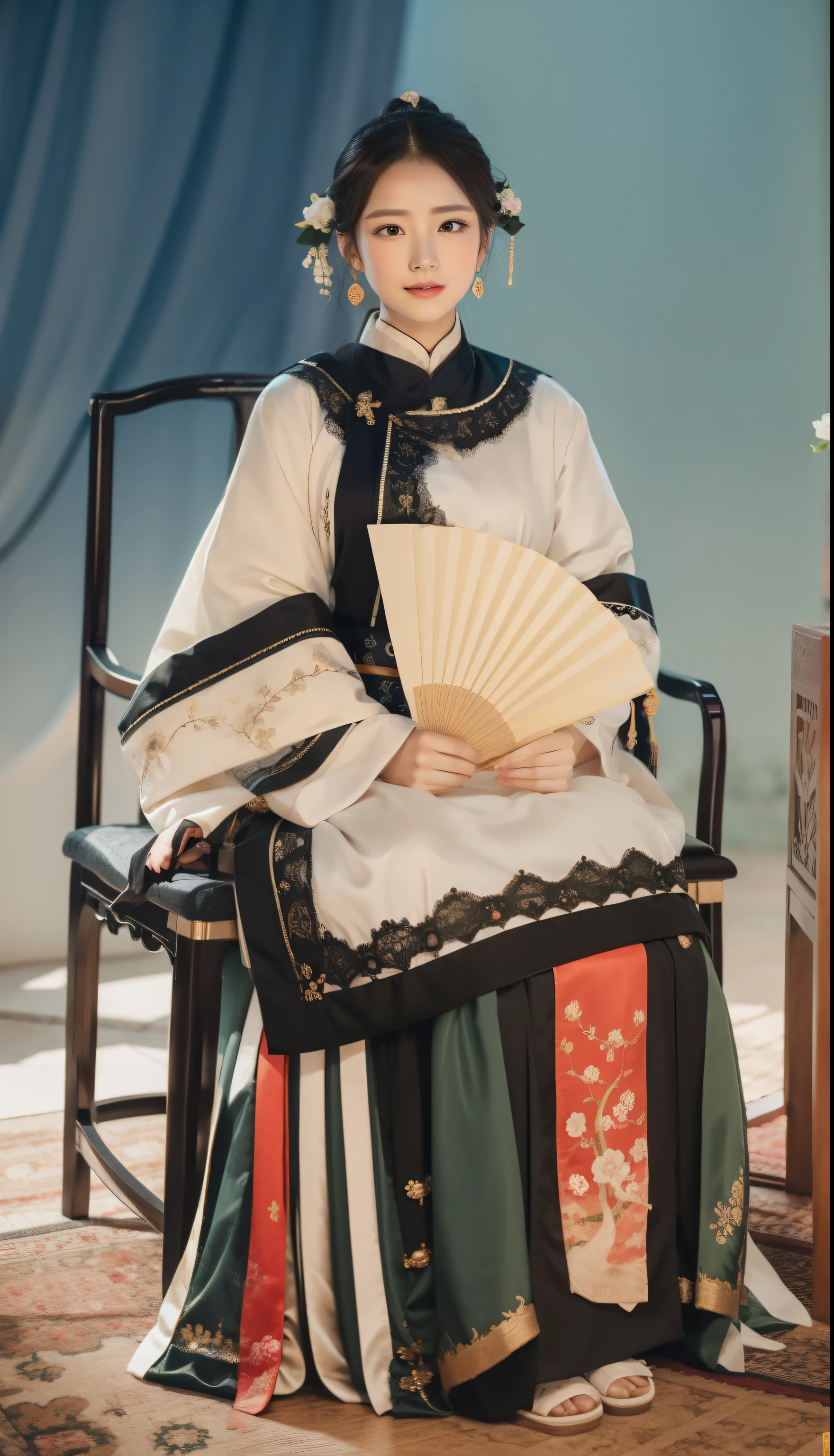 arafed woman in a traditional chinese dress sitting in a chair, hanfu, palace ， a girl in hanfu, with acient chinese clothes, wearing ancient chinese clothes, wearing ornate silk clothes, traditional chinese clothing, white hanfu, chinese costume, traditional tai costume, qing dynasty, wearing a noblewoman's outfit, pale and coloured kimono