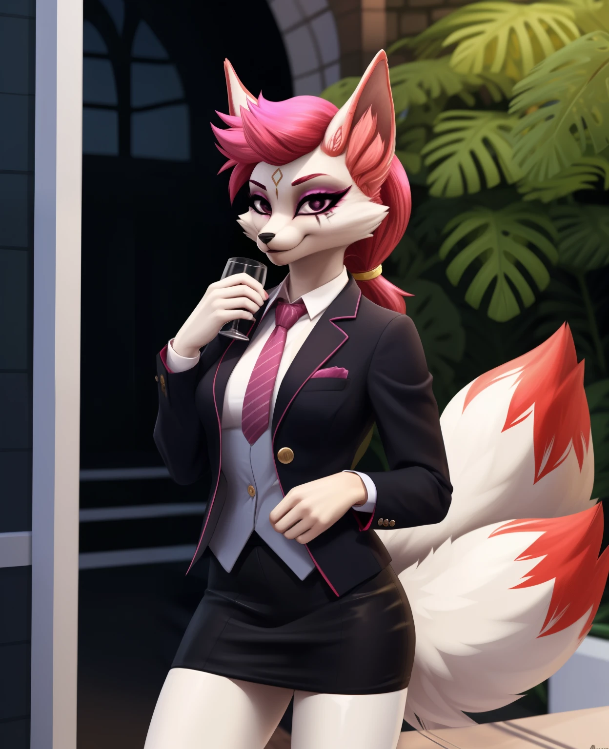 female, (Detailed face), (solo:1.1), kimiko, furry female anthro, fox girl, white body fur, Pink hair,multiple tails, multi tail ponytail, scar on the eye, furry female anthro, calico cat, solo, (body fur:1.2), (Detailed face), (more details, detailed background:1.1), (tail:1.1), smile, holding a glass in hand, satin skirt suit, pinstripe suit and tie, (((three-piece suit))), ((suit jacket with waistcoat)), silk dress shirt, shirt and tie, striped yellow necktie, (((blazer))), (((suit jacket))), (((open jacket))), ((waistcoat)), (((bodycon miniskirt))), tights, (((pocket square))), (((tie clip))), (((cufflinks))), (((tail))), makeup, eyeshadow, shiny eyeshadow, bedroom eyes, yellow nails, 5 tails