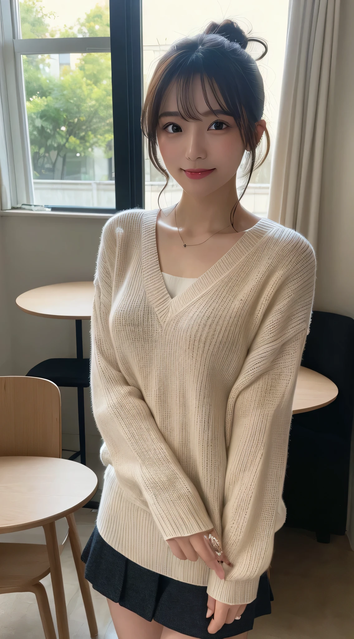 table top, highest quality, shape, Super detailed, finely, High resolution, 8k wallpaper, 完璧なダイナミックな構shape, finelyて美しい目, natural lip, sweater(mini skirt)wear, chest, whole body, random sexy pose,bun hair,RAW photo,room,smile、最高のsmile,