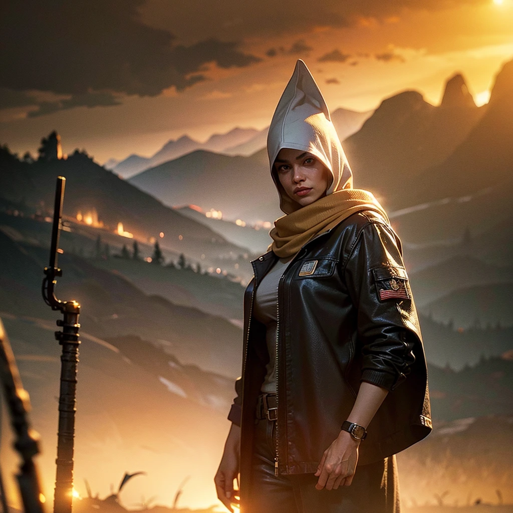 A (rugged man resembling Clint Eastwood, wild west gunslinger dressed in white), (busty malaysian gunslinger, age 20 immensely busty, hijab no hair showing), old west town sunset, (best quality,4k,8k,highres,masterpiece:1.2), ultra-detailed, (realistic,photorealistic,photo-realistic:1.37), HDR, UHD, studio lighting, ultra-fine painting, sharp focus, physically-based rendering, extreme detail description, professional, vivid colors, bokeh, portraits, landscape, horror, anime, sci-fi, photography, concept artists, warm color palette, golden-hour lighting