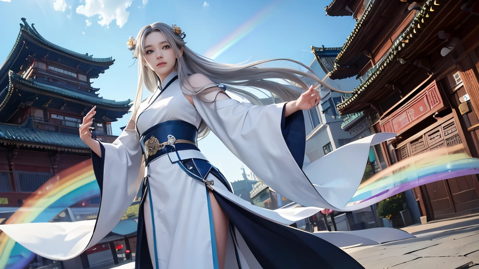 masterpiece, highest quality, official art, 8k wallpaper, very detailed, figure, ((1 person)), fine eyes, blue eyes, green gradient hanfu, Complex filigree, dynamic pose, (rainbow long hair:1.1), (gray hair:1.2), floating hair, east asian architecture, Chinatown, scenery, morning,