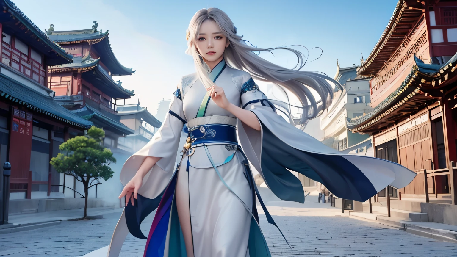 masterpiece, highest quality, official art, 8k wallpaper, very detailed, figure, ((1 person)), fine eyes, blue eyes, green gradient hanfu, Complex filigree, dynamic pose, (rainbow long hair:1.1), (gray hair:1.2), floating hair, east asian architecture, Chinatown, scenery, morning,