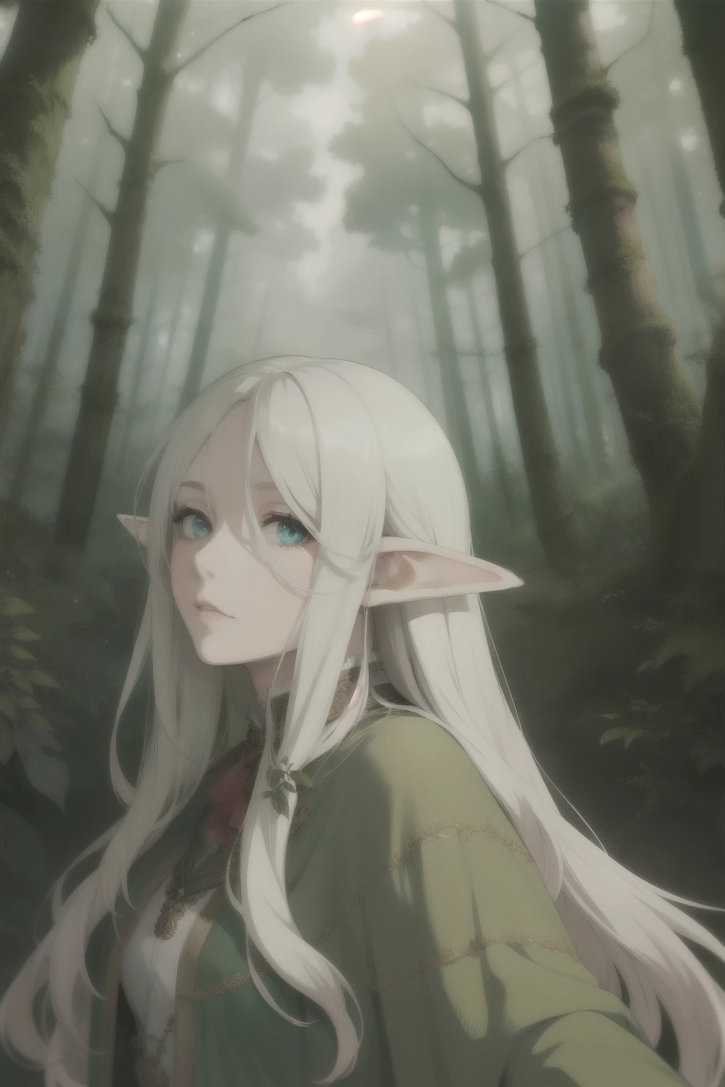 by demizu posuka 1girl , druid, mature, elf long hair detailed face forest amazing quality, best quality, high quality