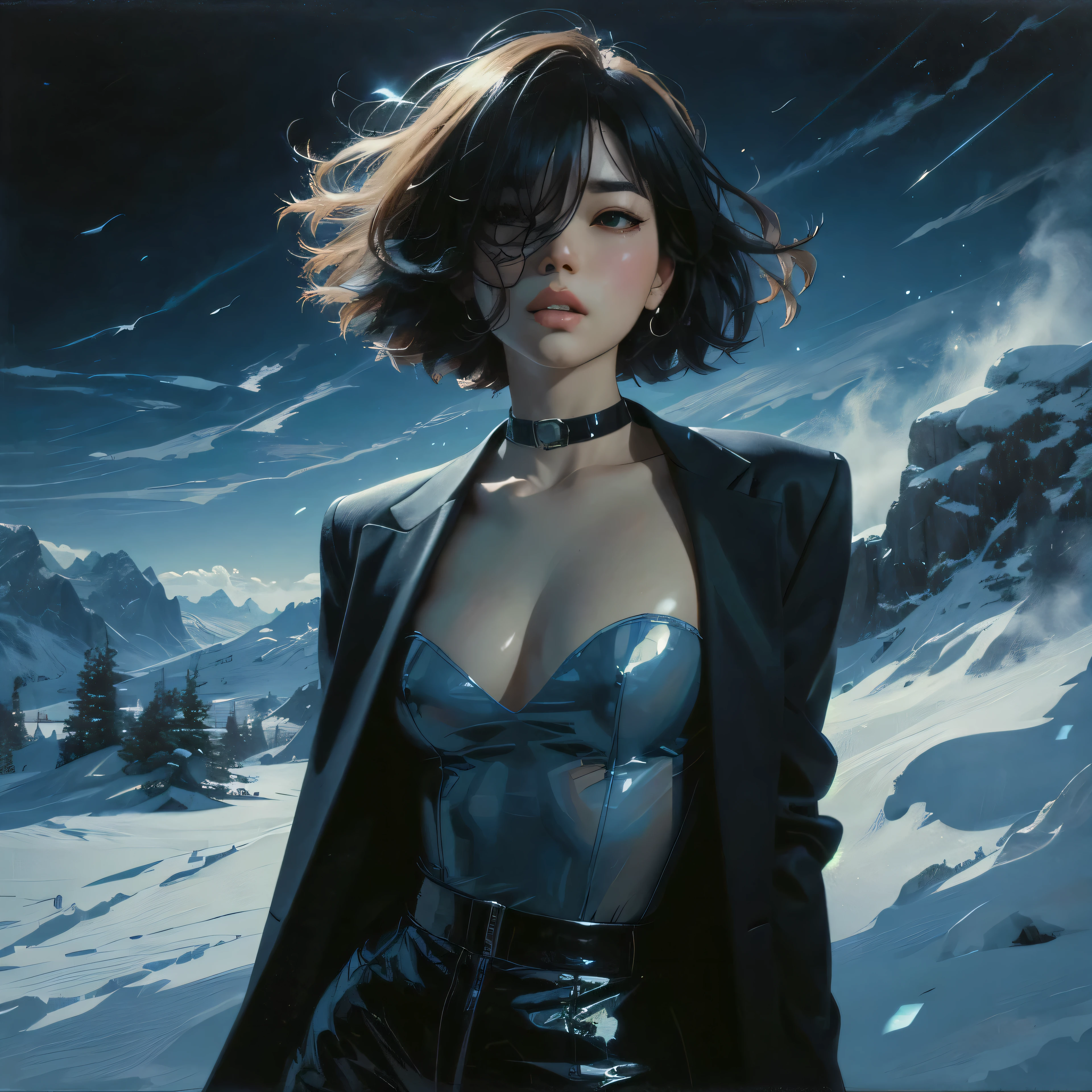 painting of a woman in a blue dress and black jacket, style of tim hildebrandt, ilya kuvshinov landscape, in the style of ross tran, inspired by Yanjun Cheng, inspired by Ross Tran, alena aenami and android jones, artstyle : ilya kuvshinov, style of donato giancola, chris moore. artgerm
