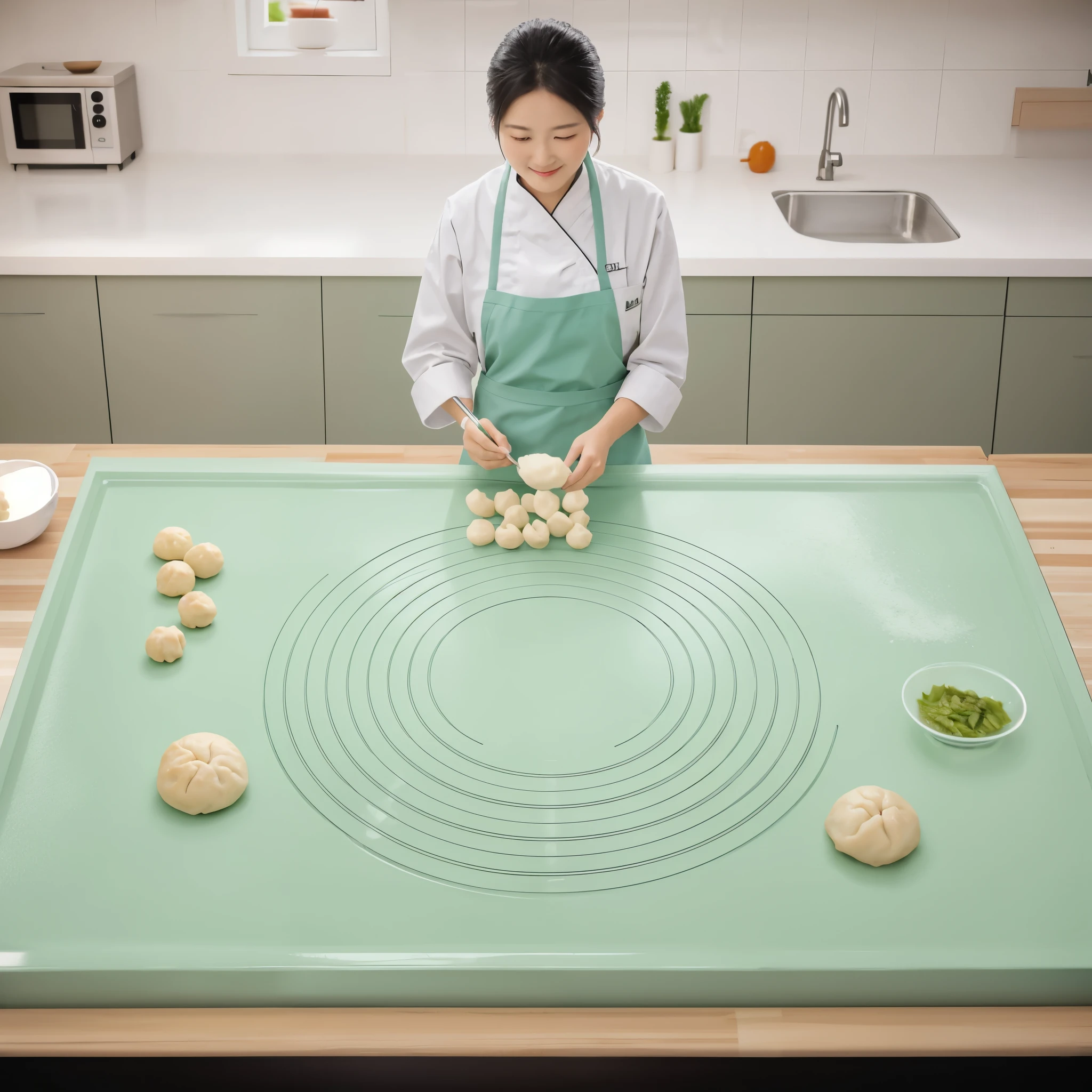 A woman makes dough in the kitchen, with dumplings, steamed buns, a bowl of flour on the green panel, kitchen, sunshine, photorealistic, realistic, positive perspective, high definition, 8K, immersive details, HD aesthetics, 4k