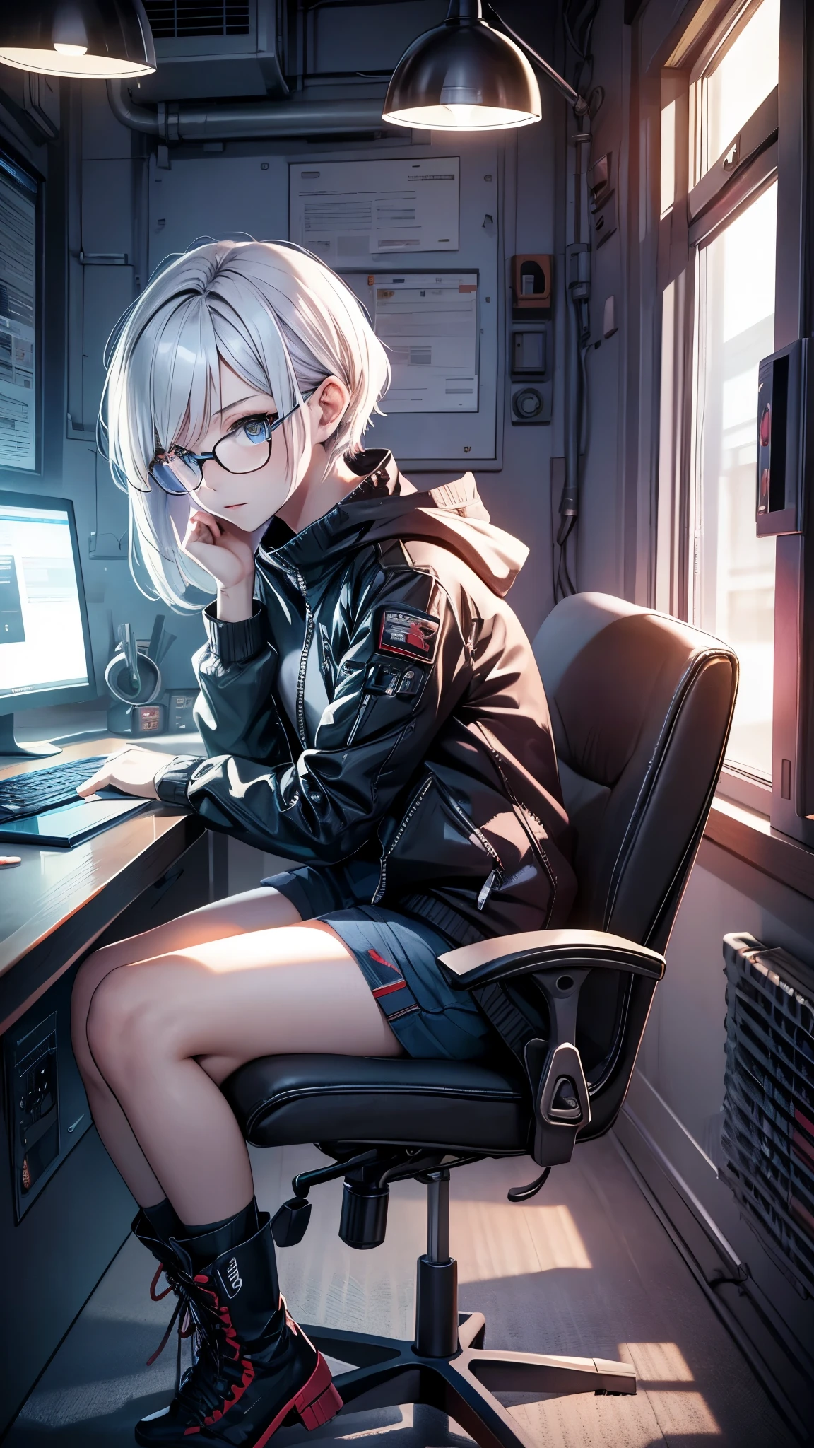(best quality,4k,8k,highres,masterpiece:1.2),ultra-detailed,(realistic,photorealistic,photo-realistic:1.37),HDR,UHD,studio lighting,ultra-fine painting,sharp focus,physically-based rendering,extreme detail description,professional,vivid colors,bokeh, portraits
Inside the room, gaming room, gaming pc, one 18-aged girl, blonde short hair colored mixed blue hair, ((look away)),((she looks pc monitor)),playing the pc game,sitting on the chair, hugging her legs,wearing glasses,angry,she’s concentrating the game,,natural-make-up,cyberpunk fashion, hoodle, shorts, ((race-up-long-boots)),vivid colors, studio lighting, ultra-detailed portraits.