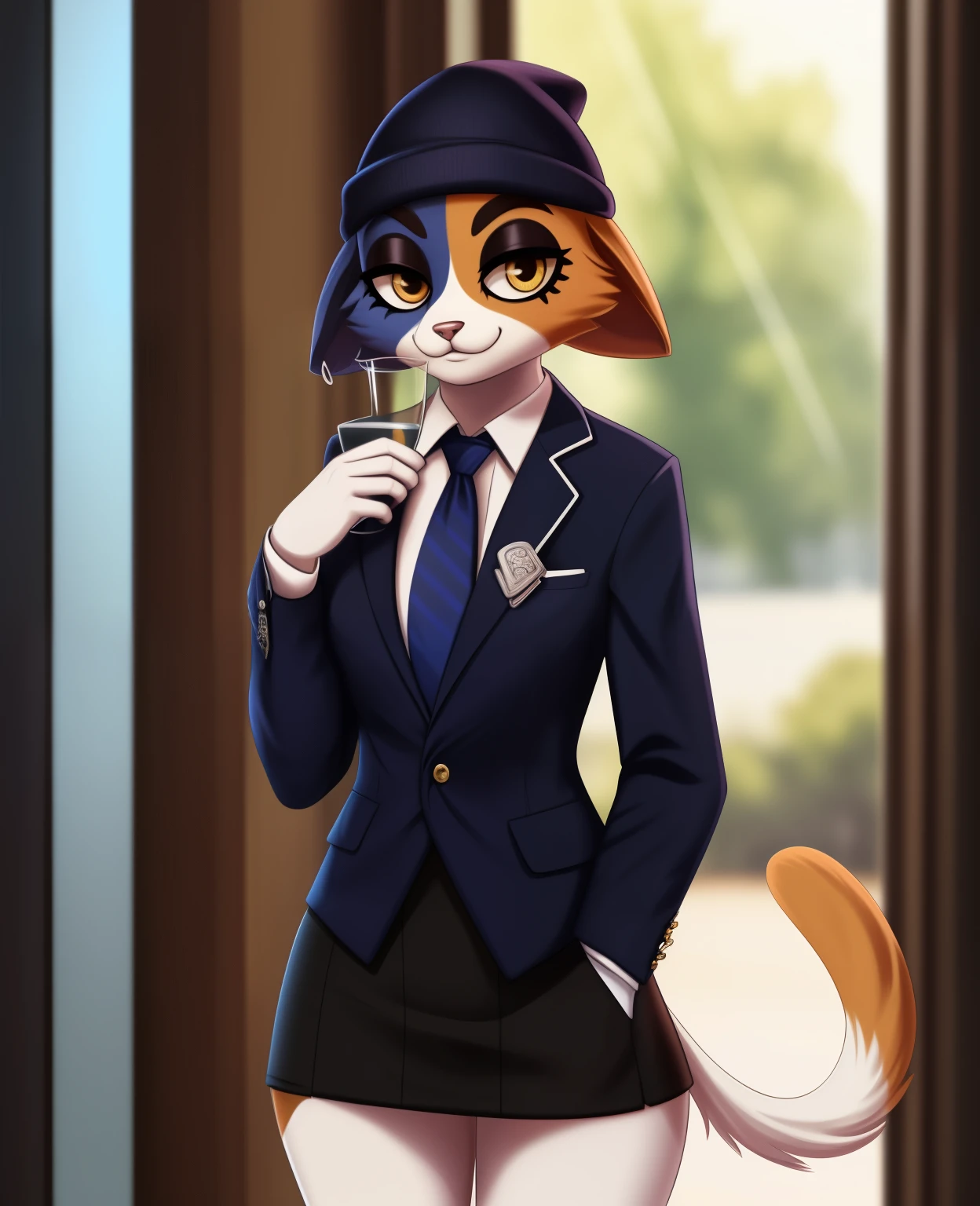 female, (Detailed face), (solo:1.1), meowskulls, beanie,, fish Hook piercing, furry female anthro, calico cat, solo, (body fur:1.2), (Detailed face), (more details, detailed background:1.1), (tail:1.1), smile, holding a glass in hand, satin skirt suit, pinstripe suit and tie, (((three-piece suit))), ((suit jacket with waistcoat)), silk dress shirt, shirt and tie, striped yellow necktie, (((blazer))), (((suit jacket))), (((open jacket))), ((waistcoat)), (((bodycon miniskirt))), tights, (((pocket square))), (((tie clip))), (((cufflinks))), (((tail))), makeup, eyeshadow, shiny eyeshadow, bedroom eyes