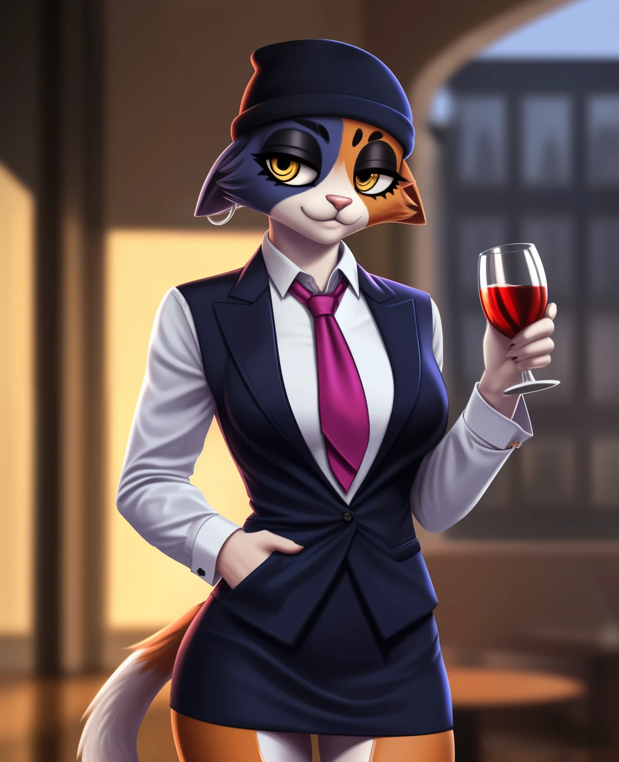 female, (Detailed face), (solo:1.1), meowskulls, beanie,, fish Hook piercing, furry female anthro, calico cat, solo, (body fur:1.2), (Detailed face), (more details, detailed background:1.1), (tail:1.1), smile, holding a glass in hand, satin skirt suit, pinstripe suit and tie, (((three-piece suit))), ((suit jacket with waistcoat)), silk dress shirt, shirt and tie, striped yellow necktie, (((blazer))), (((suit jacket))), (((open jacket))), ((waistcoat)), (((bodycon miniskirt))), tights, (((pocket square))), (((tie clip))), (((cufflinks))), (((tail))), makeup, eyeshadow, shiny eyeshadow, bedroom eyes