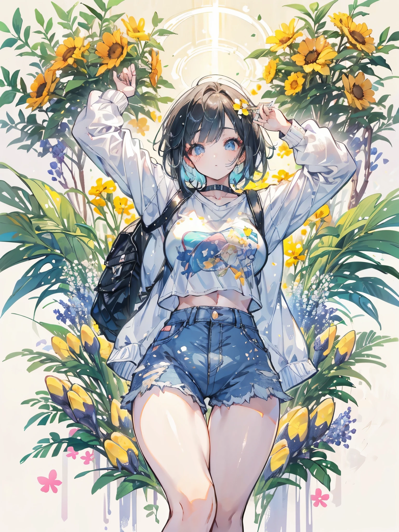 , mochila grande, seios pequenos, bunda grande, thick body, thick coxa, short bob hair, tenis cano alto branco, meia grande, andando abobalhada e divertidamente, sozinha, dedo na boca, short jeans, (((campo de flores)))