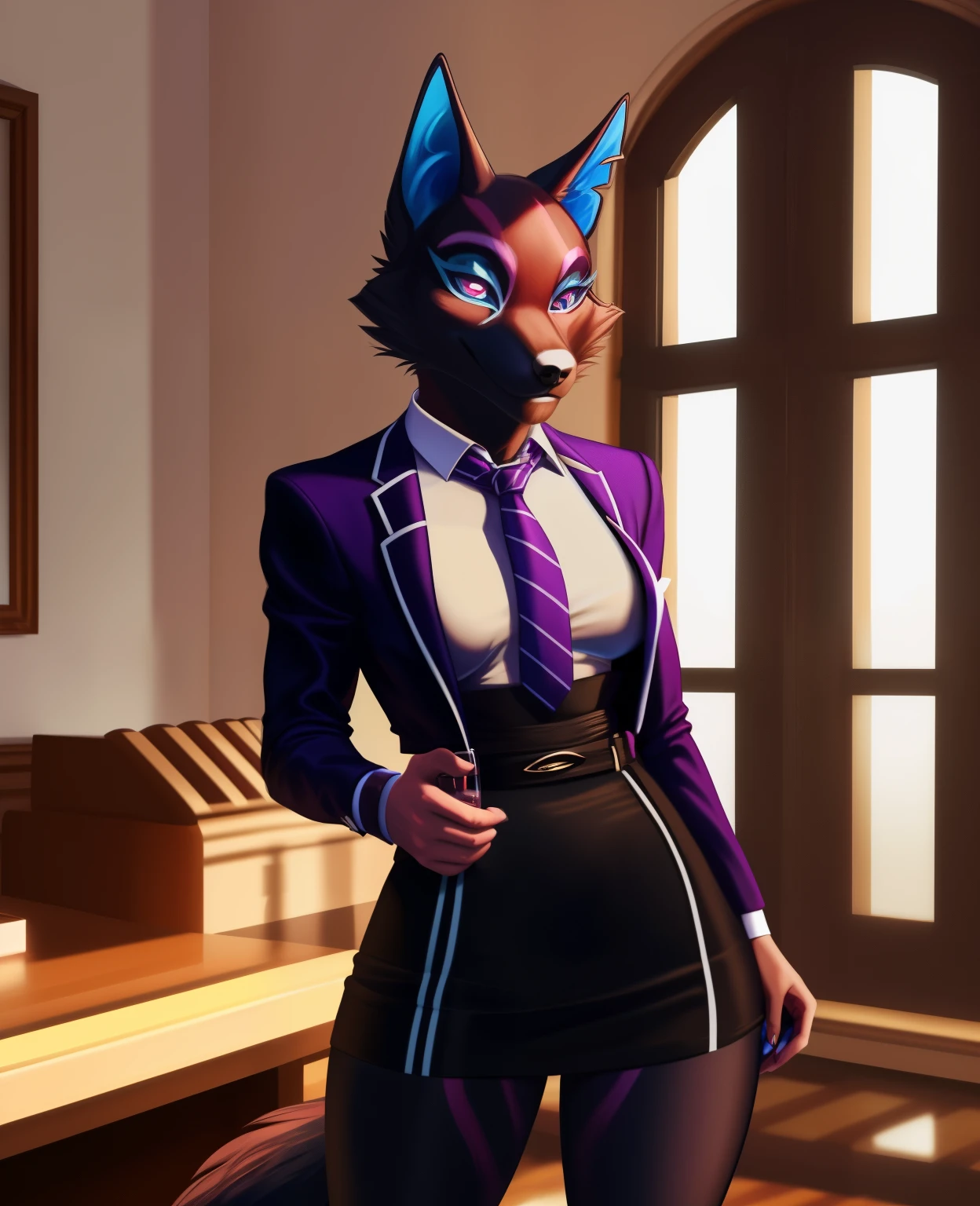 female, (Detailed face), (solo:1.1), highwire, furry female anthro, wolf girl, bikini, solo, (body fur:1.2), (Detailed face), (more details, detailed background:1.1), (tail:1.1), smile, holding a glass in hand, satin skirt suit, pinstripe suit and tie, (((three-piece suit))), ((suit jacket with waistcoat)), silk dress shirt, shirt and tie, striped necktie, (((blazer))), (((suit jacket))), (((open jacket))), ((waistcoat)), (((bodycon miniskirt))), tights, (((pocket square))), (((tie clip))), (((cufflinks))), (((tail))), makeup, eyeshadow, shiny eyeshadow, bedroom eyes, pink markings