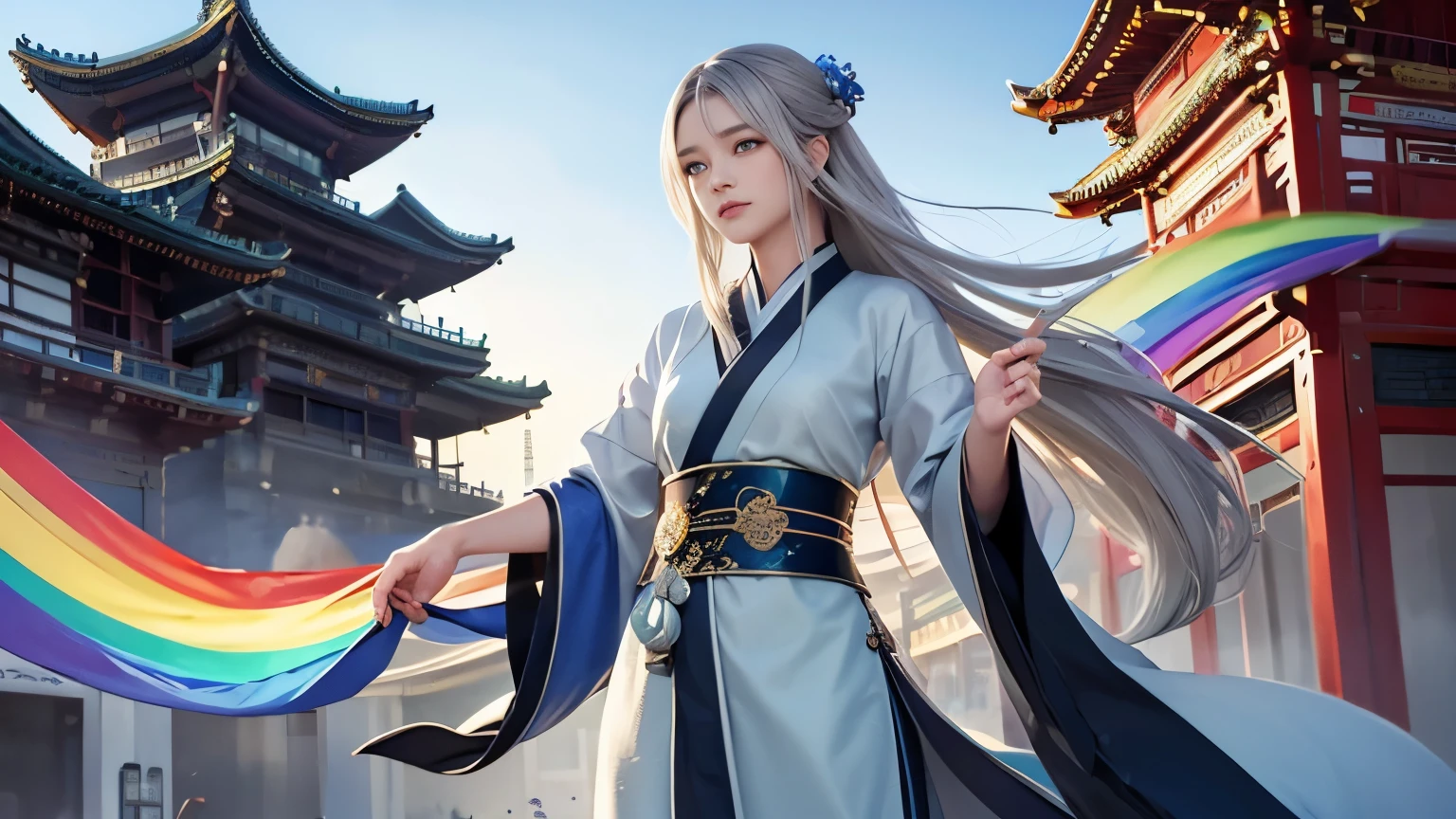 masterpiece, highest quality, official art, 8k wallpaper, very detailed, figure, ((1 person)), fine eyes, blue eyes, green gradient hanfu, Complex filigree, dynamic pose, (rainbow long hair:1.1), (gray hair:1.2), floating hair, east asian architecture, Chinatown, scenery, morning,