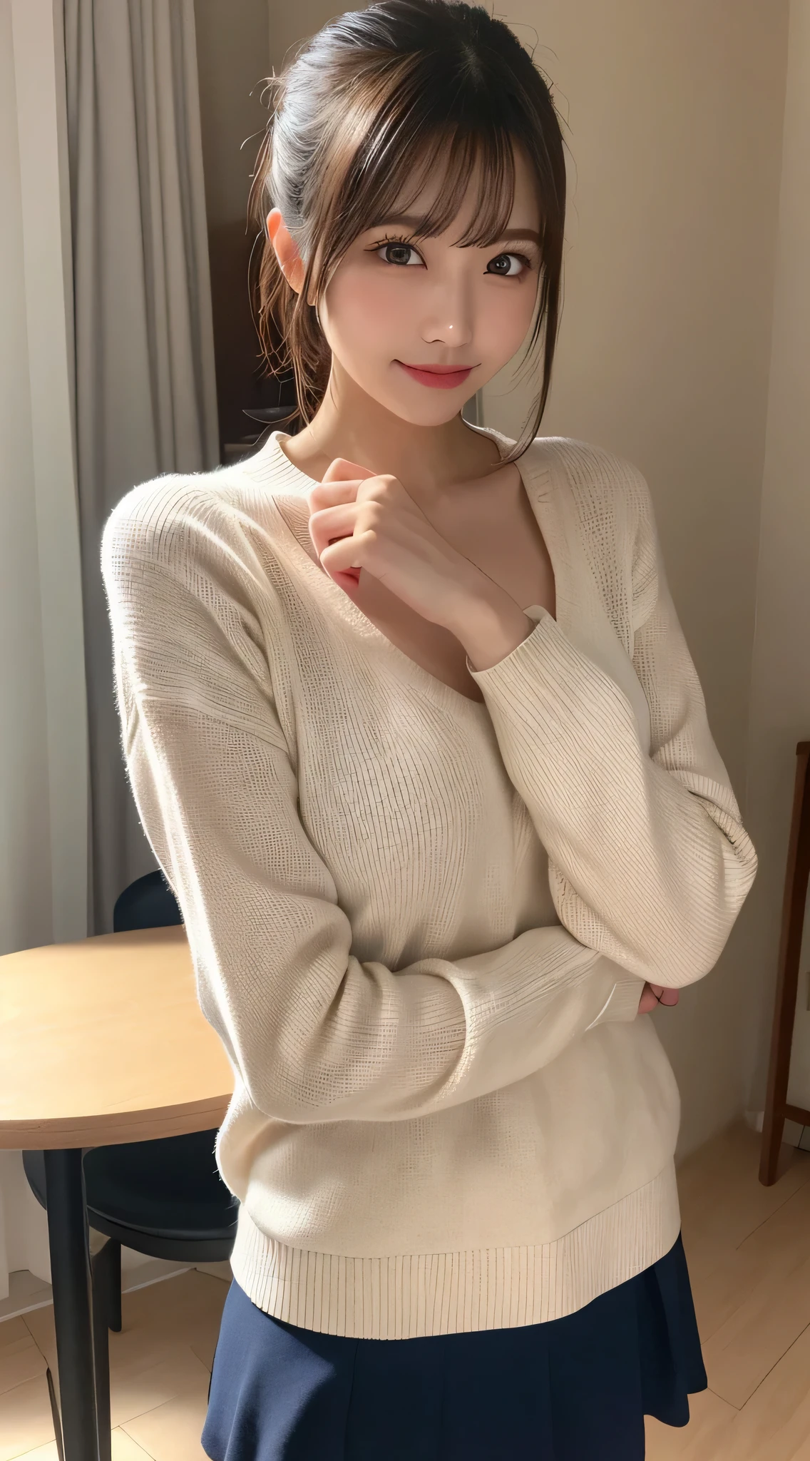 table top, highest quality, shape, Super detailed, finely, High resolution, 8k wallpaper, 完璧なダイナミックな構shape, finelyて美しい目, natural lip, sweater(mini skirt)wear, chest, whole body, random sexy pose,bun hair,RAW photo,room,smile、最高のsmile,squat、