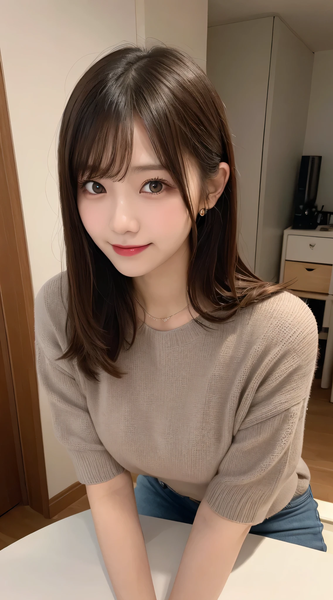 table top, highest quality, shape, Super detailed, finely, High resolution, 8k wallpaper, 完璧なダイナミックな構shape, finelyて美しい目,  natural lip, sweater(mini skirt)wear, chest, whole body, random sexy pose,bun hair,RAW photo,room,smile、最高のsmile,squat、