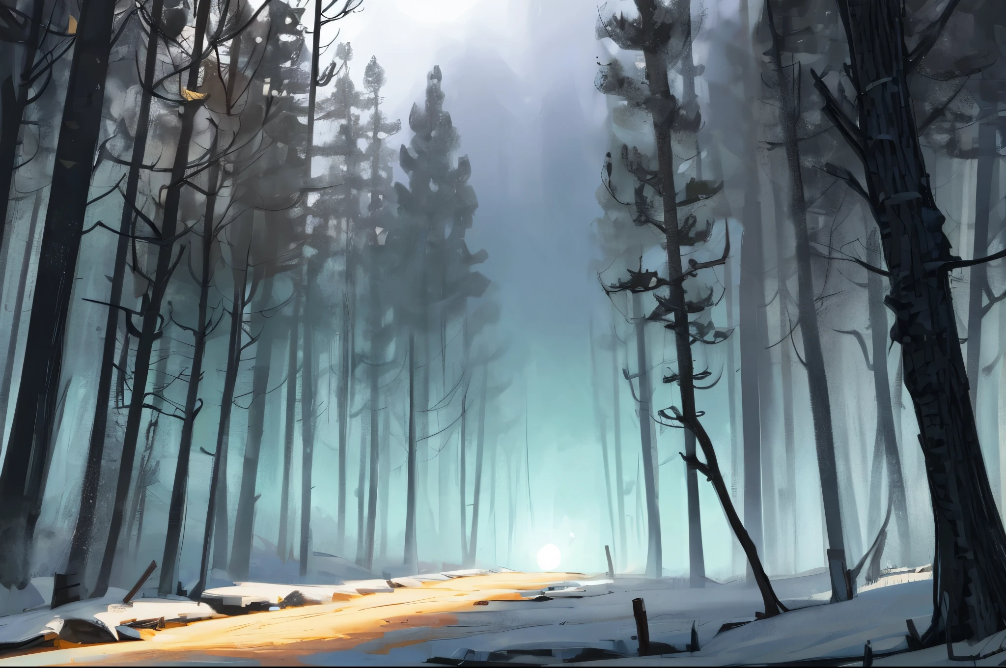 visual novel background, dark forest, thick fog on ground, black hole in sky, extremely detailed, high quality