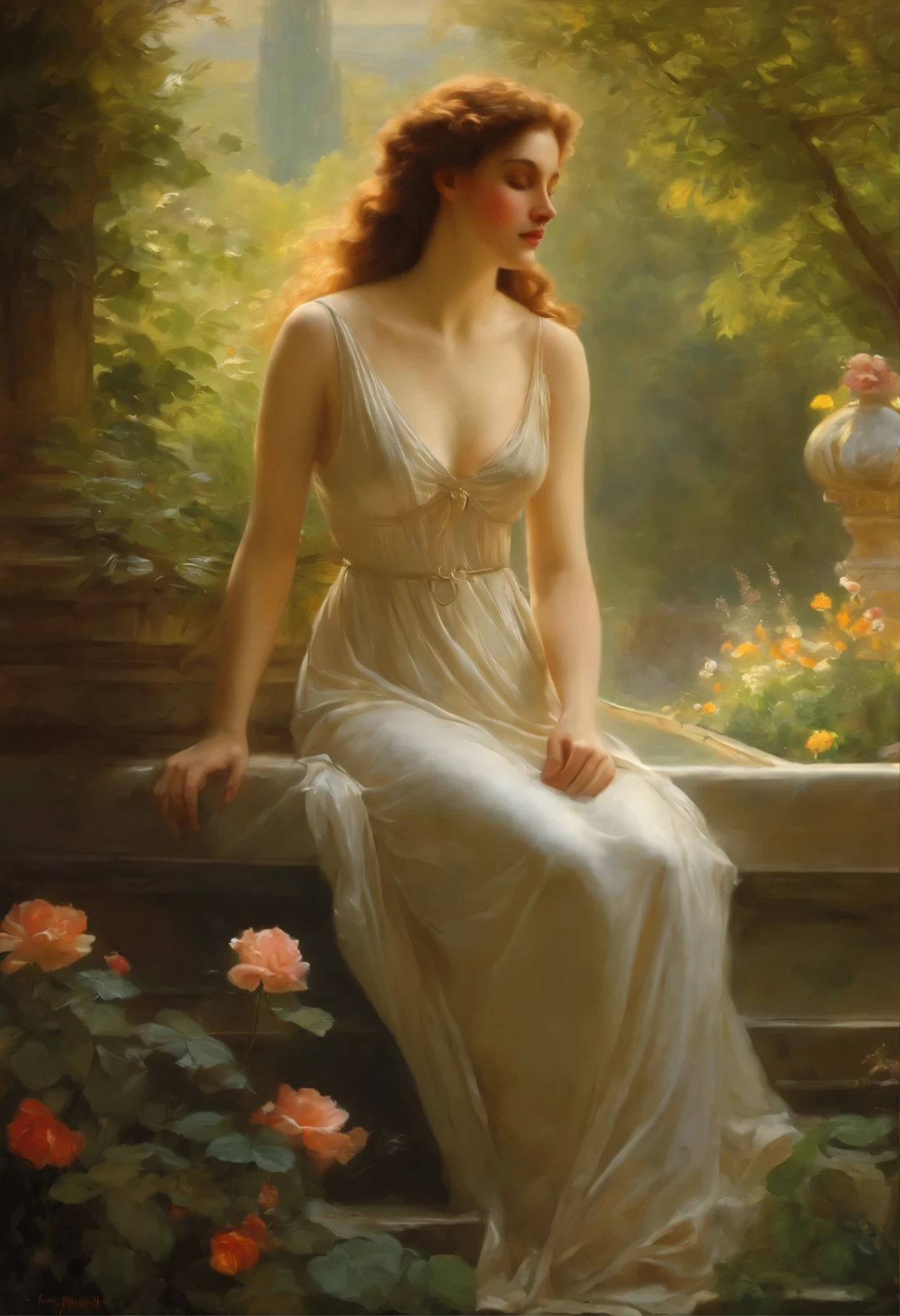 A painting by Albert Lynch, Ruan Jia, Gaston Bussiere, Alexandre Cabanel, Daniel F. Gerhartz, Jules Bastien-Lepage, Pierre Auguste Cot, Sophie Anderson, Jeremy Lipking, Thomas Lawrence, Bouguereau, Carle Van Loo, Jules Joseph Lefebvre, Roberto Ferri , 'aesthetically pleasing', exquisite, polished, refined, sophisticated, tasteful, harmonious, well proportioned, well formed, well organized, smooth, proportionate,female elf,elf princess sitting in a garden where there is a fountain