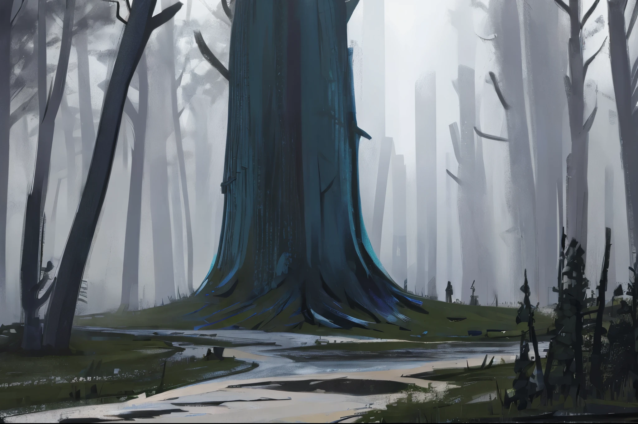 visual novel background, dark forest, thick fog on ground, black hole in sky, extremely detailed, high quality
