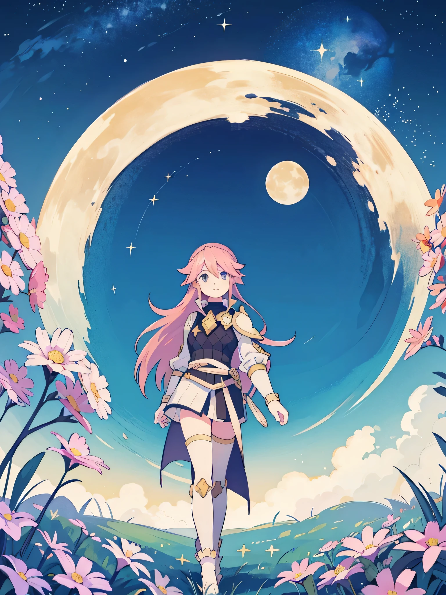 (Soleil from Fire Emblem in a flowers plains) (full body) (very detailed) (high quality) (a moon and stars pattern in the background) (looking at the horizon)