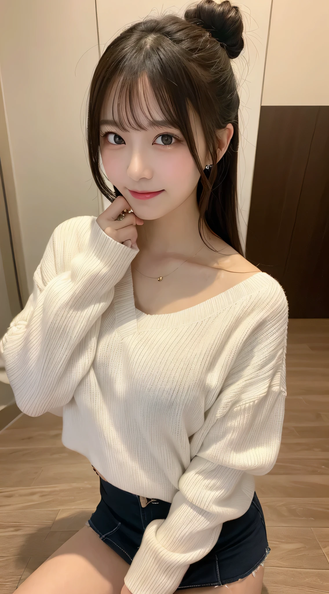 table top, highest quality, shape, Super detailed, finely, High resolution, 8k wallpaper, 完璧なダイナミックな構shape, finelyて美しい目, natural lip, white sweater(mini skirt)wear, chest, whole body, random sexy pose,bun hair,RAW photo,room,smile、最高のsmile,