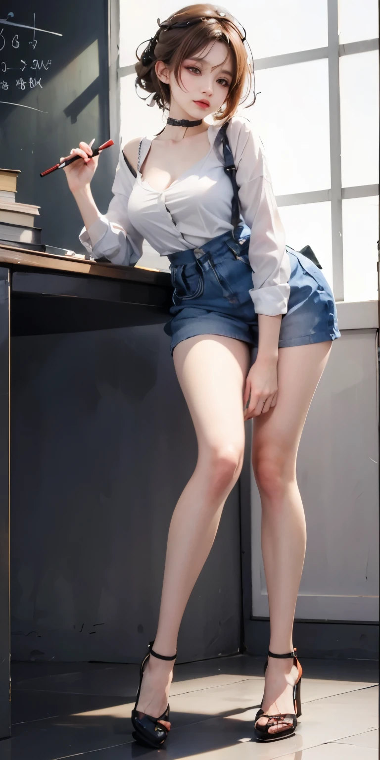 (((masterpiece))),best quality, highres,
extremely detailed wallpaper, (detailed and intricate).
a beautiful female in white socks, ((wearing pink
short sleeve and jean skirt), wearing black high heels,
wearing white socks, sitting on the chair, knee together,
legs separated, bun hair, background is bookstore