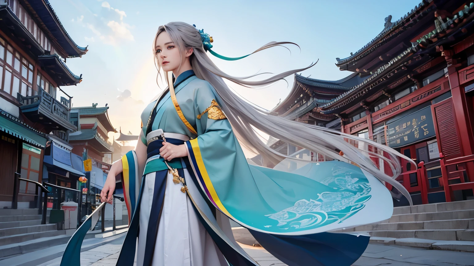 masterpiece, highest quality, official art, 8k wallpaper, very detailed, figure, ((1 person)), fine eyes, blue eyes, green gradient hanfu, Complex filigree, dynamic pose, (rainbow long hair:1.1), (gray hair:1.2), floating hair, east asian architecture, Chinatown, scenery, morning,