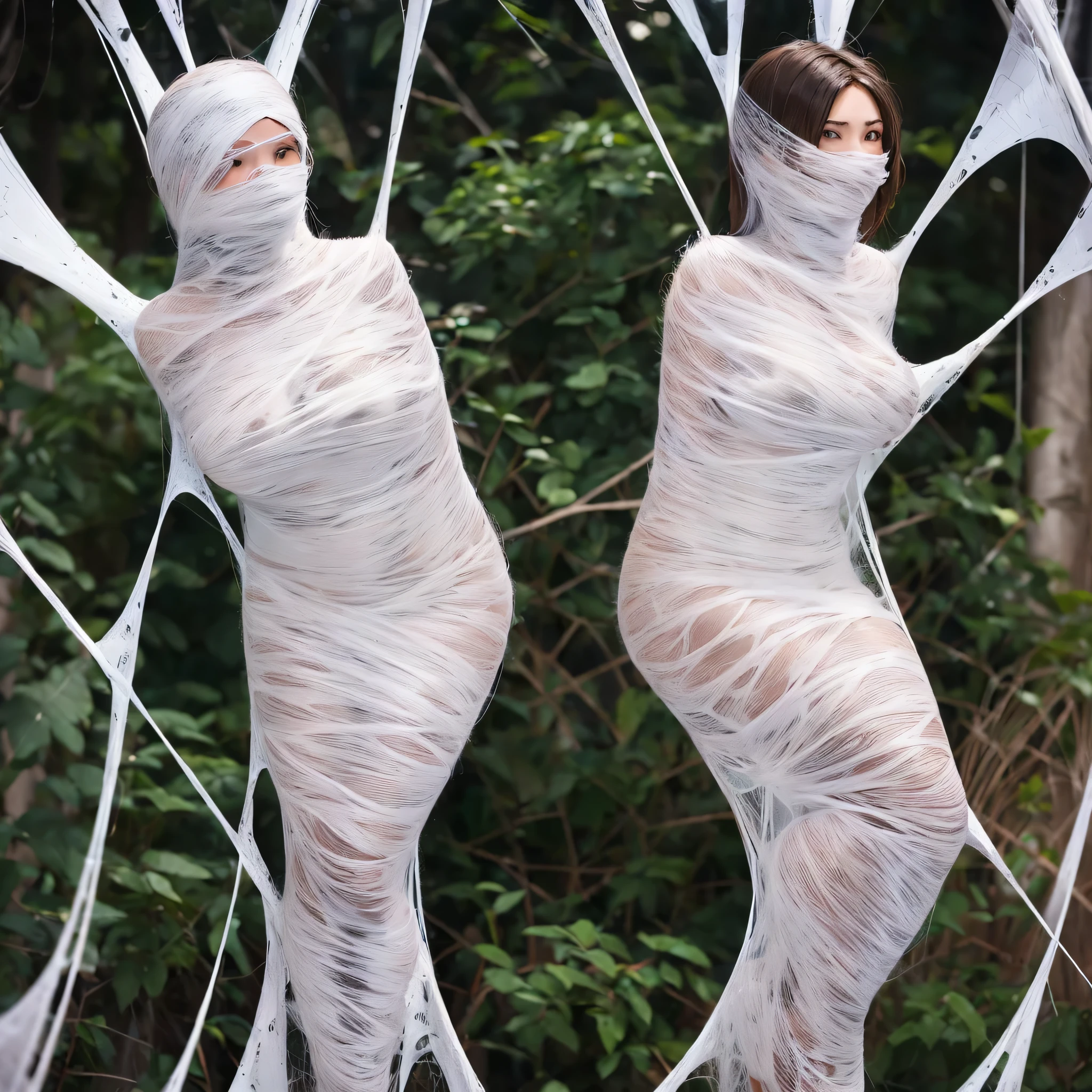 a girl entangled in the spider web, struggle, detailed classroom, (cocoon:1.3), spider web, hanging, spider in the web, spider