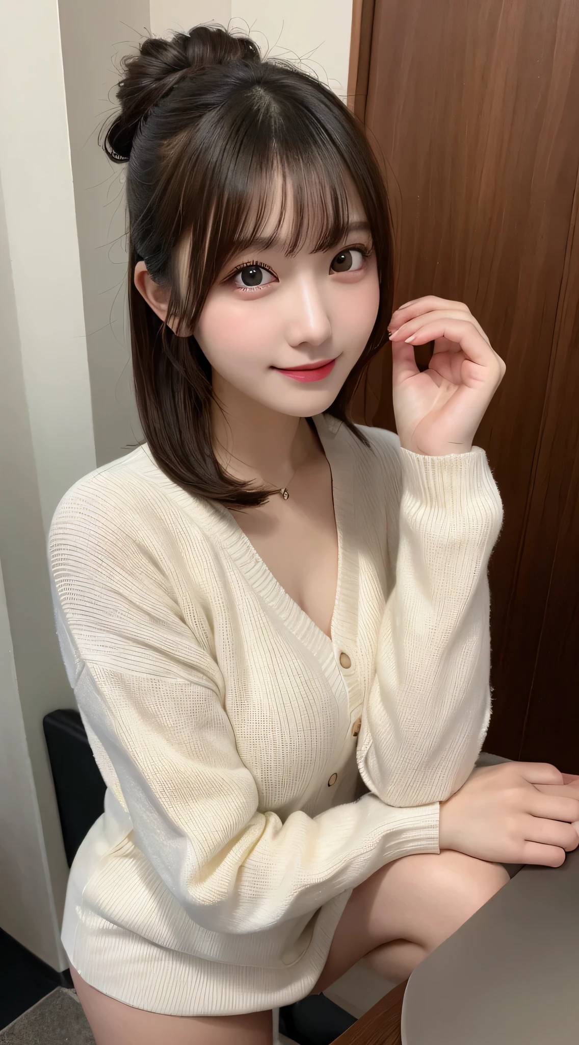 table top, highest quality, shape, Super detailed, finely, High resolution, 8k wallpaper, 完璧なダイナミックな構shape, finelyて美しい目, natural lip, white sweater(mini skirt)wear, chest, whole body, sexy pose,bun hair,RAW photo,room,smile、最高のsmile,squat