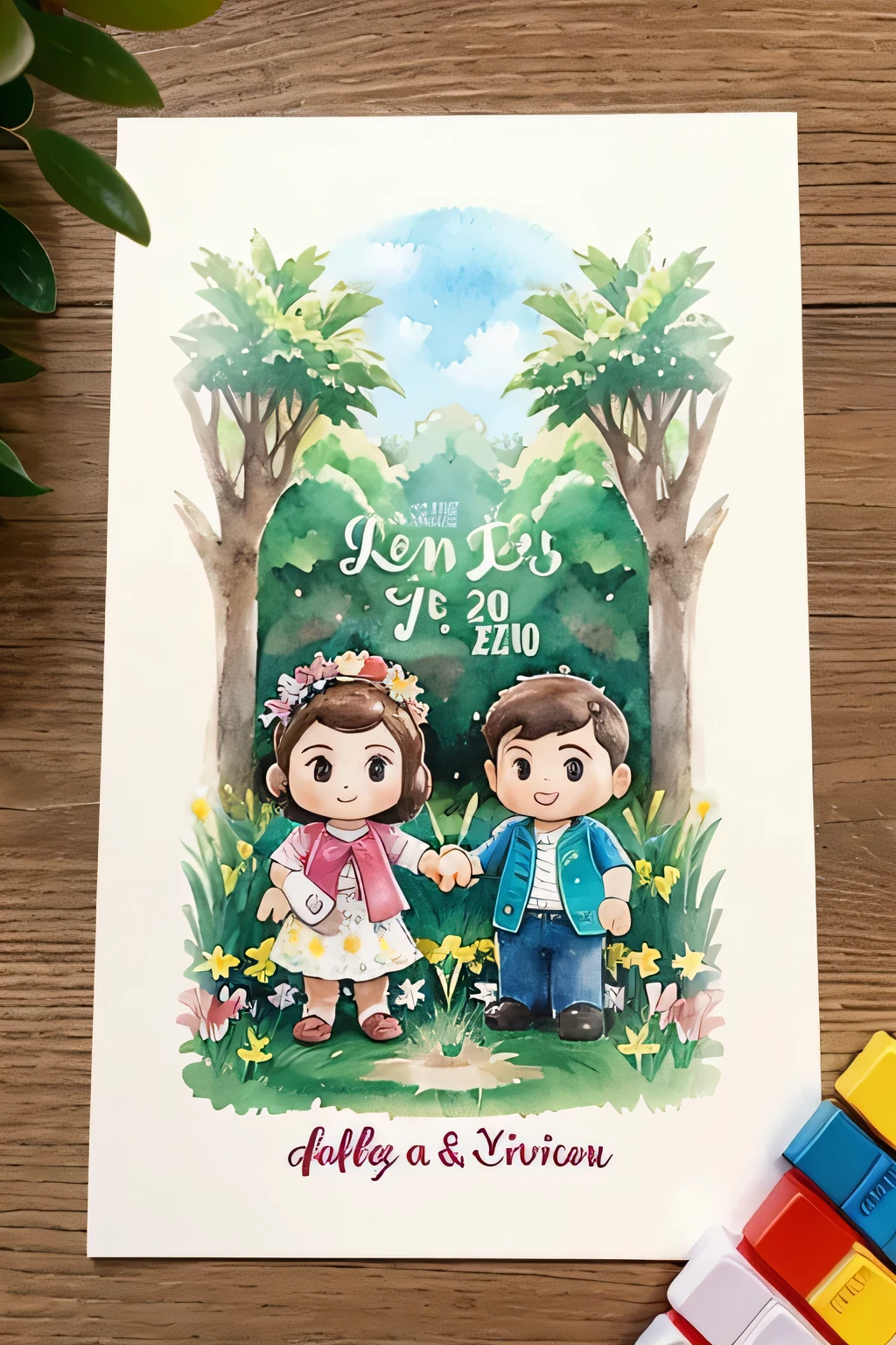 fundo de aquarela, jardim de flores, save the date para aniversario duplo de e juntos, boneco de meninoanos e de 2 anos, tudo em aquarela, trator