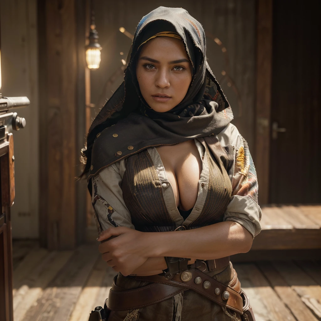 (extreme complexity)(two subjects) (Western gunfighter showdown), A (rugged man resembling Clint Eastwood, wild west gunslinger dressed in white), (busty malaysian gunslinger, age 20 immensely busty, hijab no hair showing), old west town sunset, (best quality,4k,8k,highres,masterpiece:1.2), ultra-detailed, (realistic,photorealistic,photo-realistic:1.37), HDR, UHD, studio lighting, ultra-fine painting, sharp focus, physically-based rendering, extreme detail description, professional, vivid colors, bokeh, portraits, landscape, horror, anime, sci-fi, photography, concept artists, warm color palette, golden-hour lighting, (show both gunslingers, extreme tension)