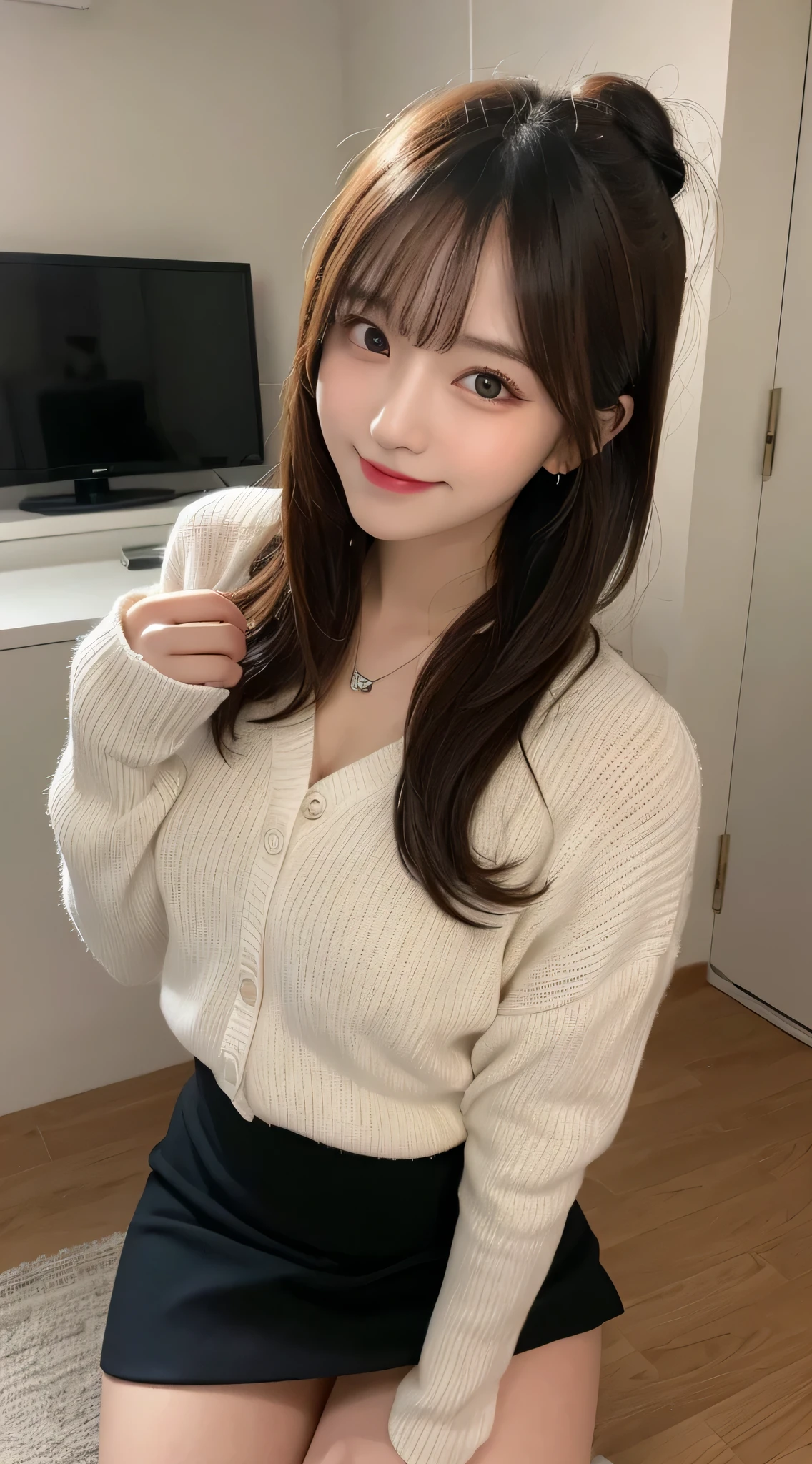 table top, highest quality, shape, Super detailed, finely, High resolution, 8k wallpaper, 完璧なダイナミックな構shape, finelyて美しい目, natural lip, white sweater(mini skirt)wear, chest, whole body, sexy pose,bun hair,RAW photo,room,smile、最高のsmile,squat